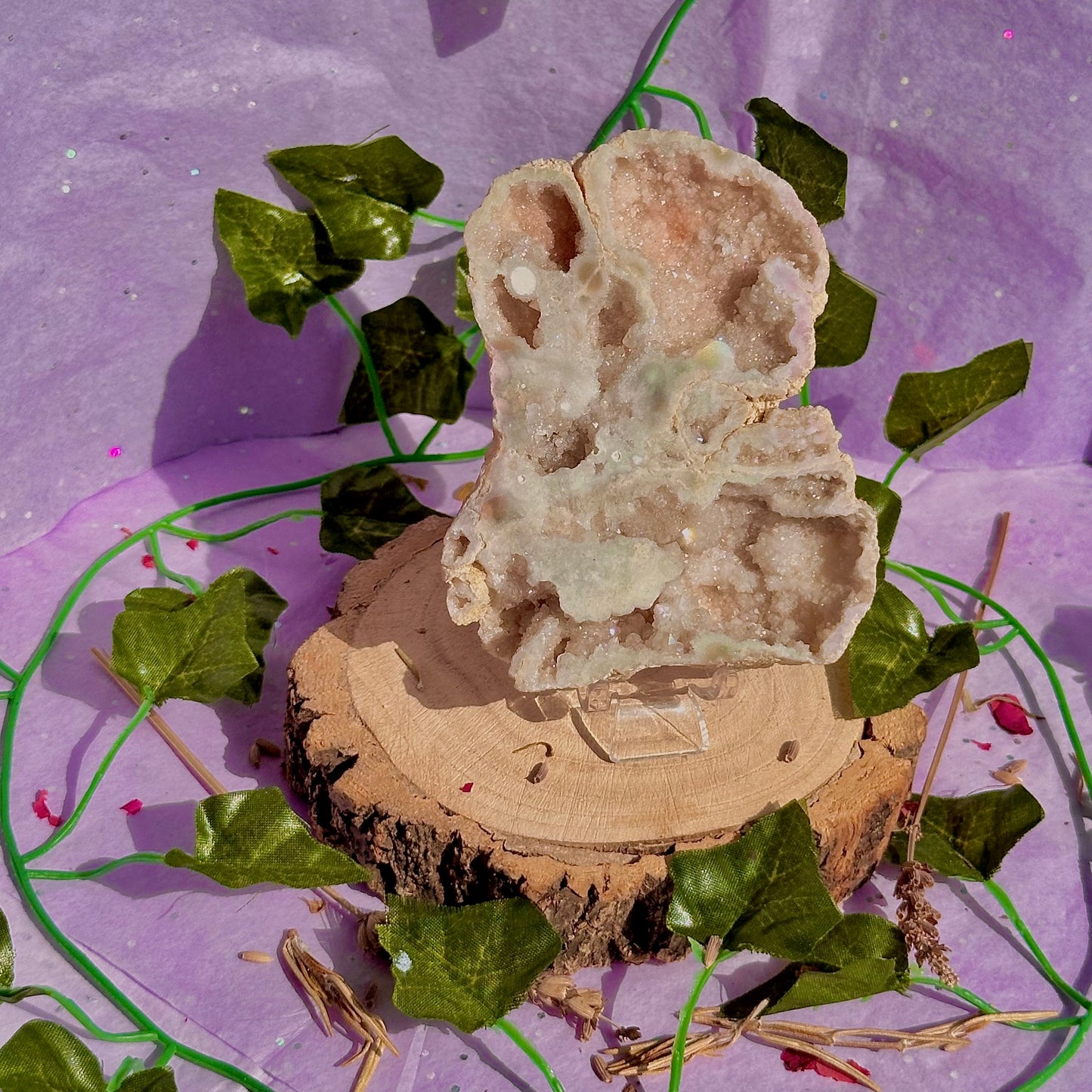 aura druzy quartz geode with stand