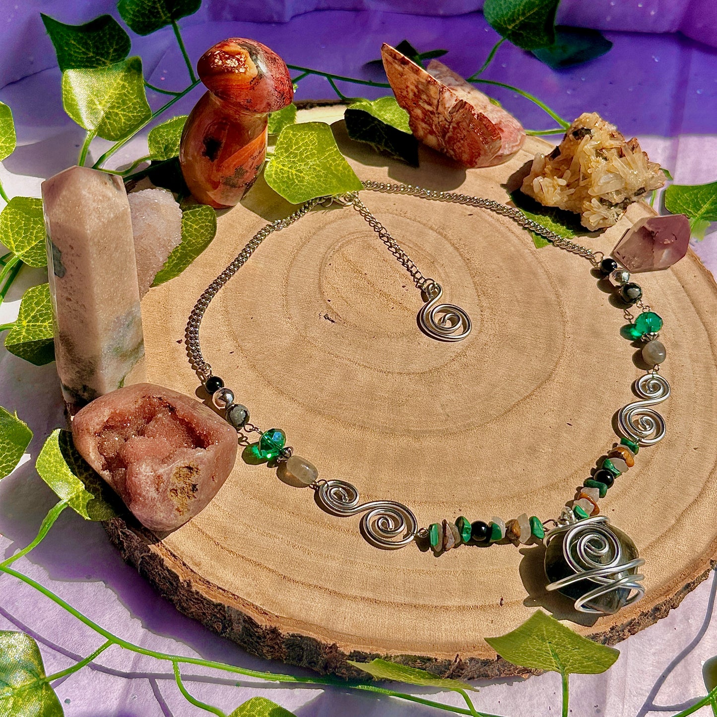 natures transformation necklace ~ labradorite, malachite, obsidian, snowflake obsidian, tigers eye, quartz
