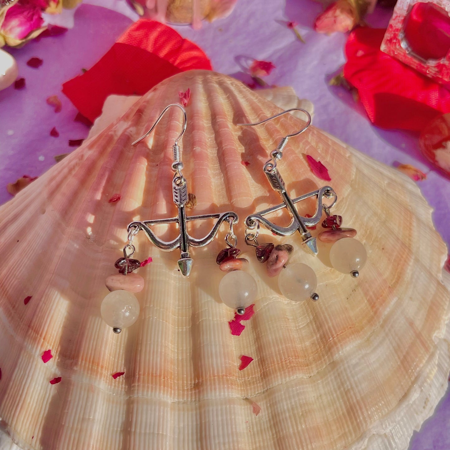 cupid arrows on 925 sterling silver hooks ~ garnet, rhodonite & rose quartz