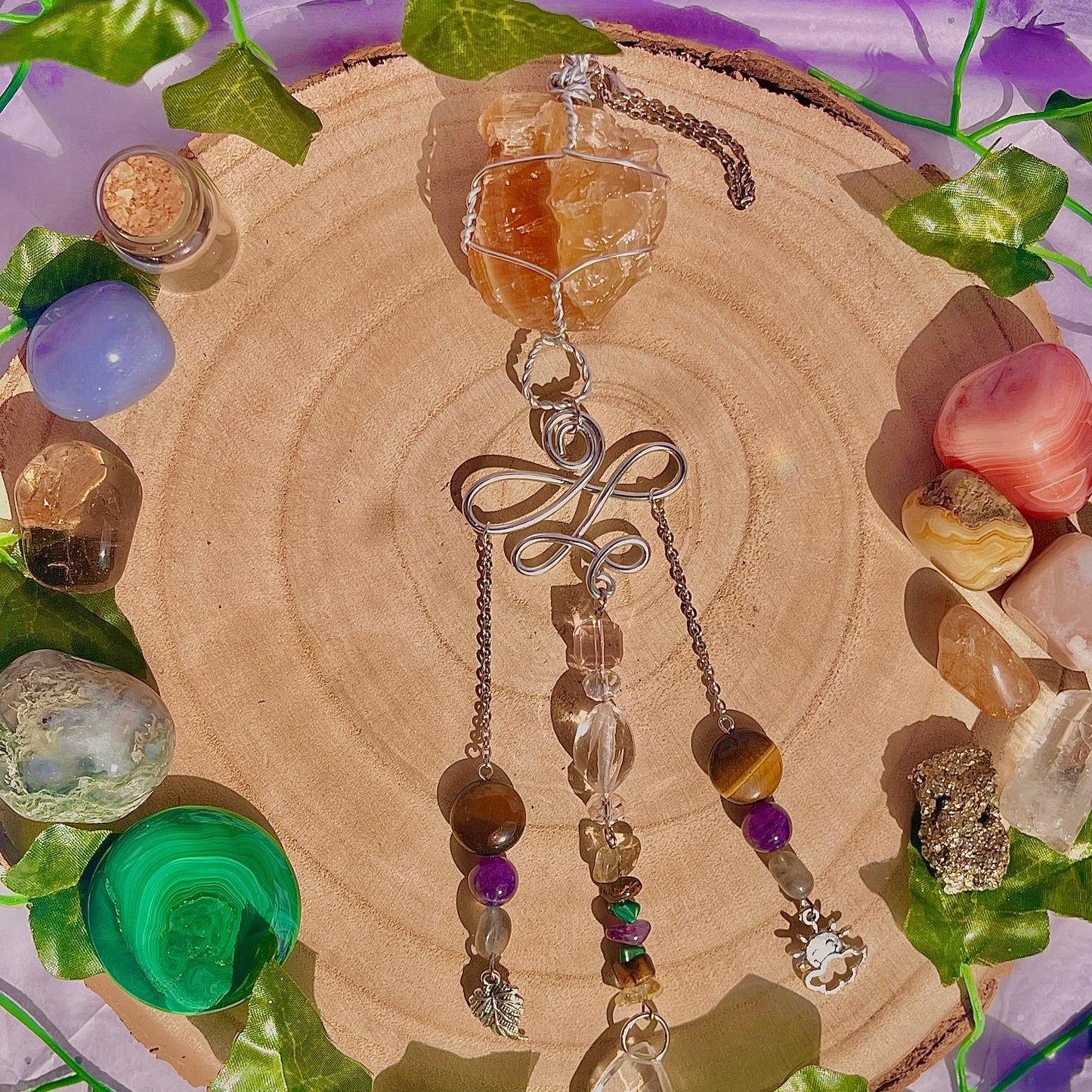 autumn sun suncatcher / wall hanging ~ honey calcite, tigers eye, amethyst, labradorite, malachite & citrine
