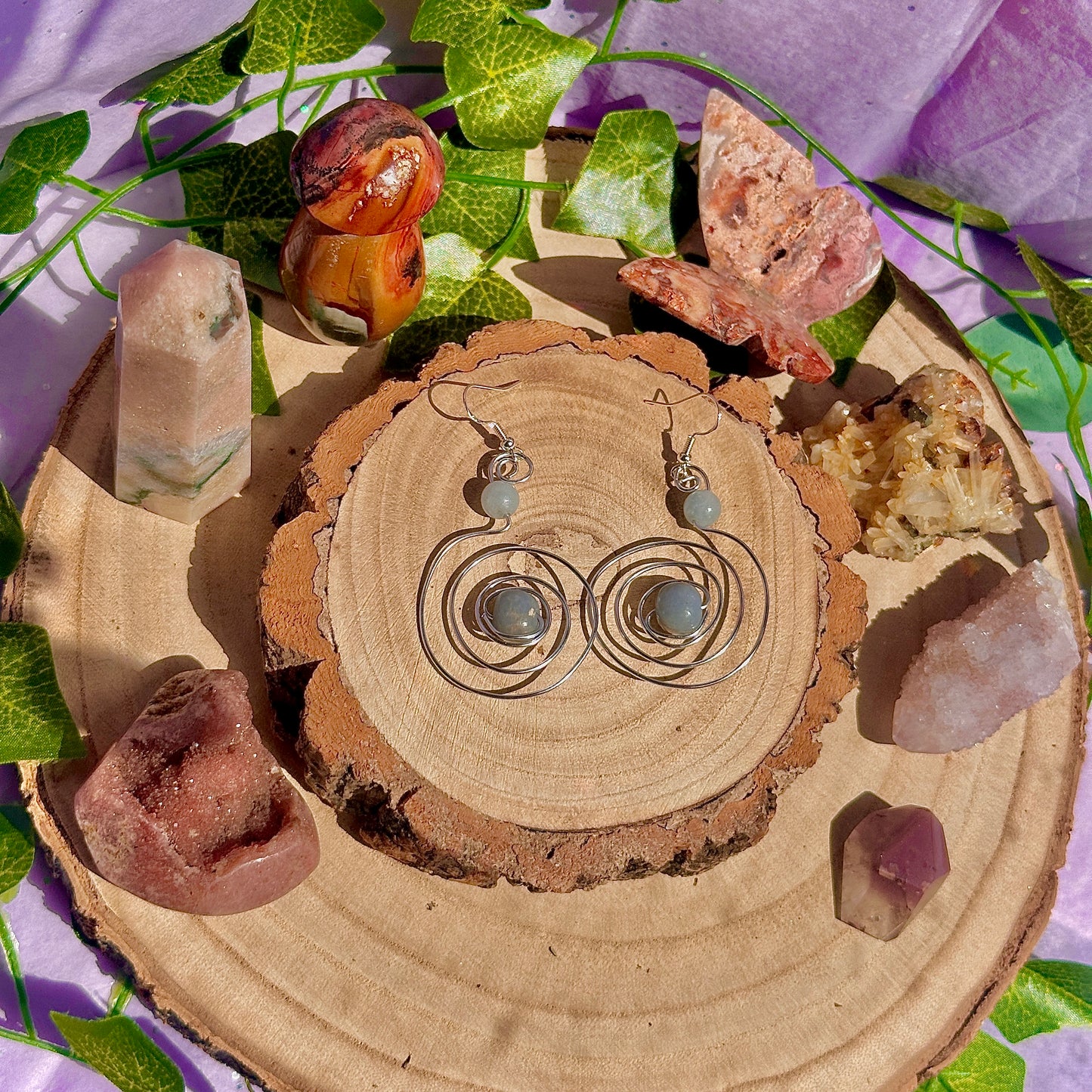 aquamarine & angelite spiral earrings ~ on 925 hooks