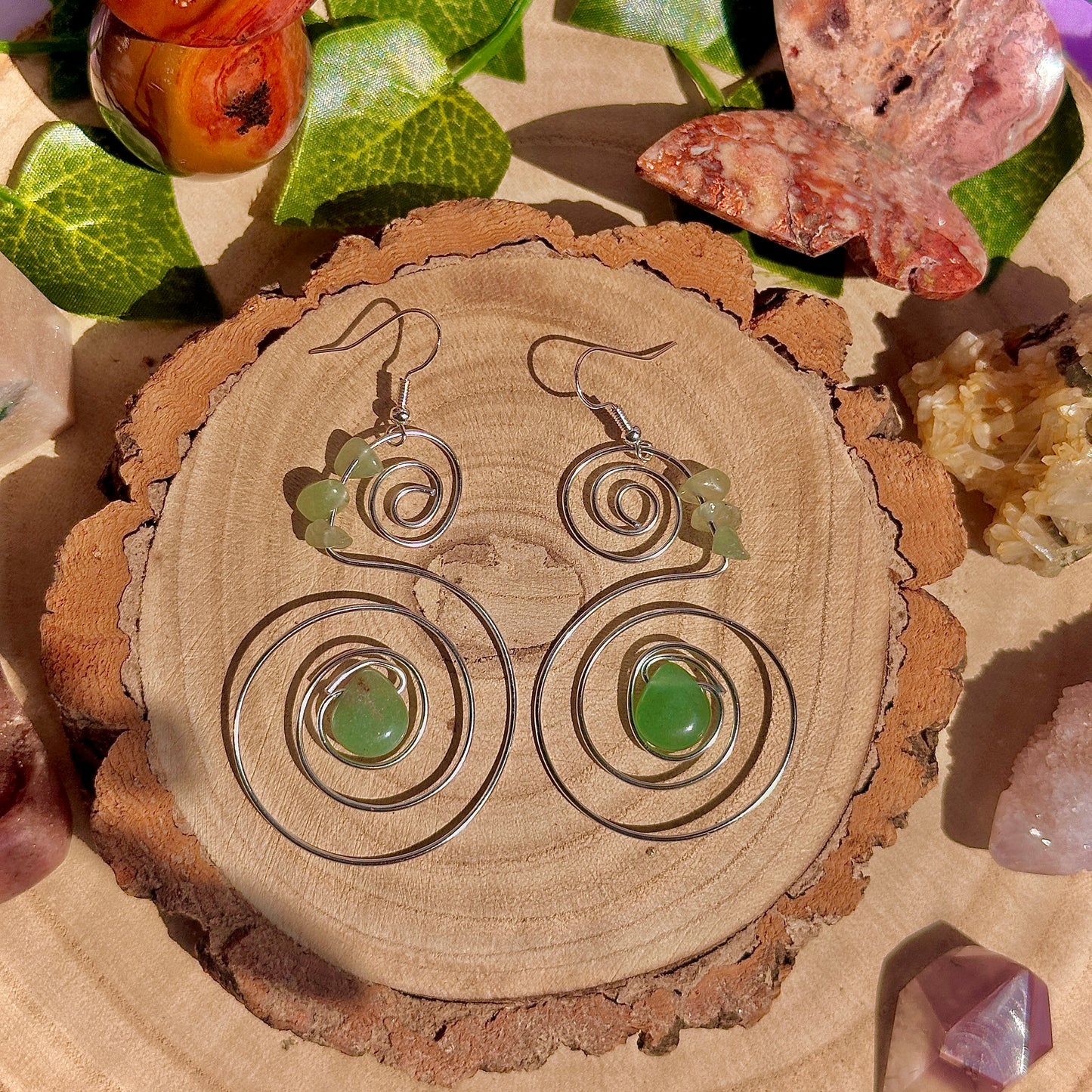 lucky spiral earrings ~ green aventurine on 925 hooks