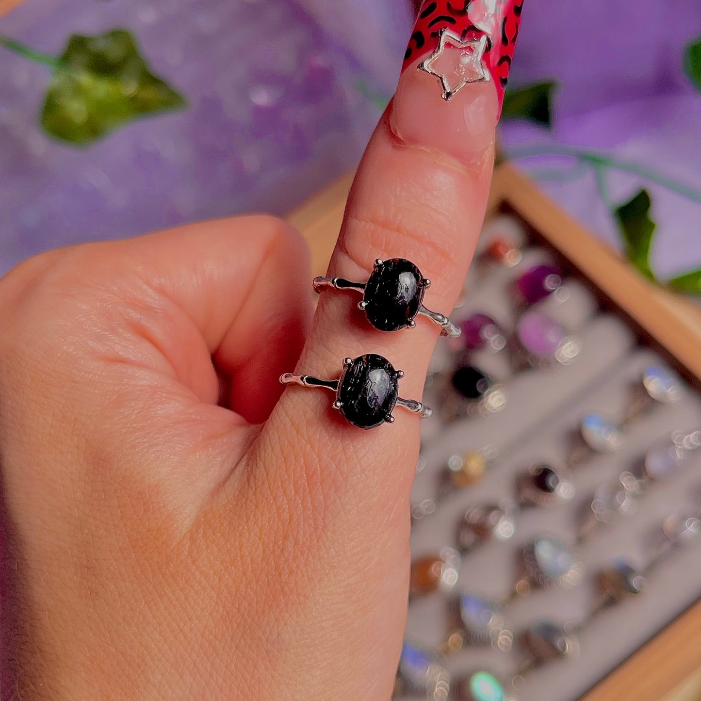 black rutile quartz ~ 925 sterling silver adjustable rings / intuitively chosen
