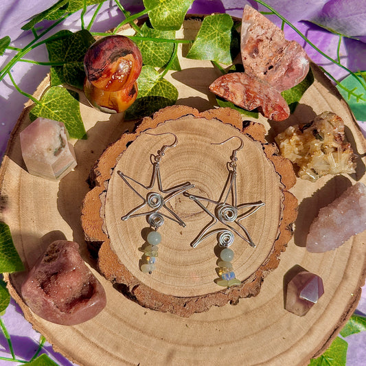 star spirals earrings ~ aquamarine, opalite, citrine, olive jade on 925 hooks