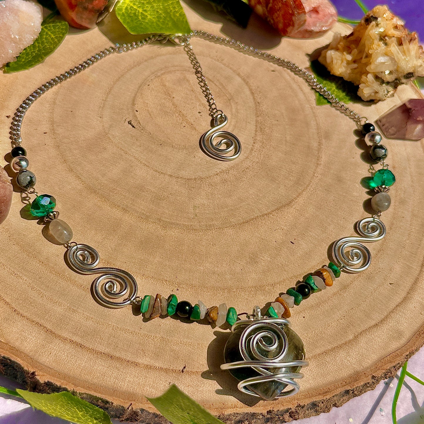 natures transformation necklace ~ labradorite, malachite, obsidian, snowflake obsidian, tigers eye, quartz