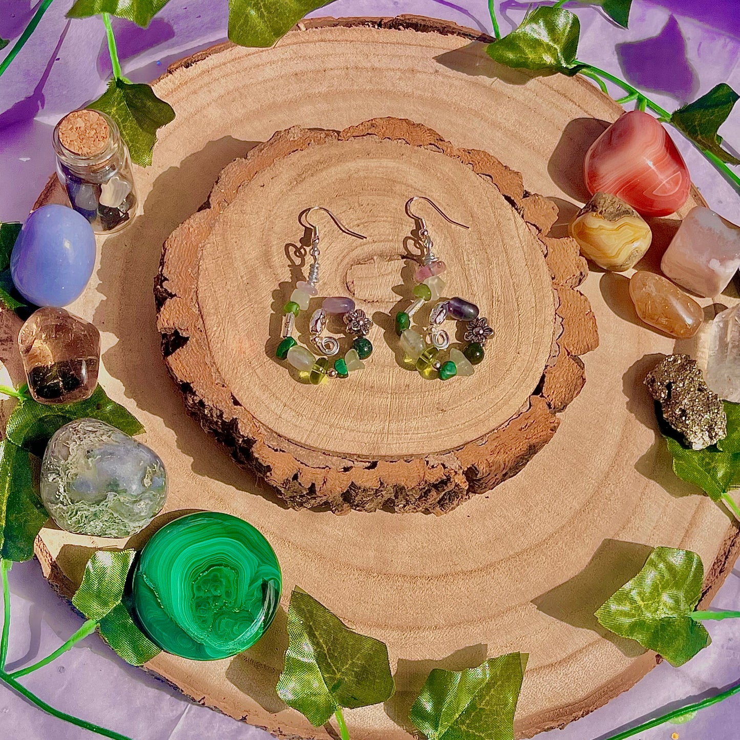 forest spiral earrings ~ fluorite, moss agate, aventurine, new jade & malachite on 925 hooks