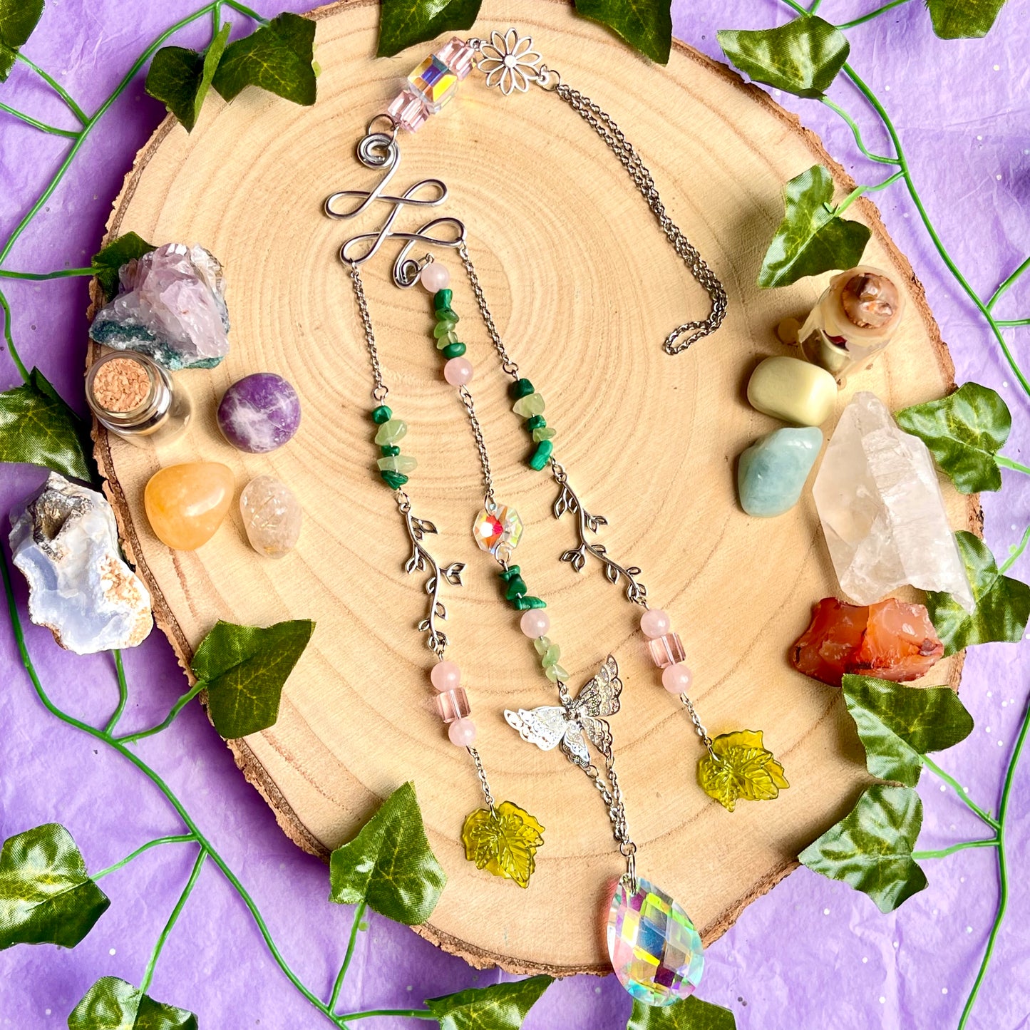 spring garden sun catcher - rose quartz, green aventurine & malachite