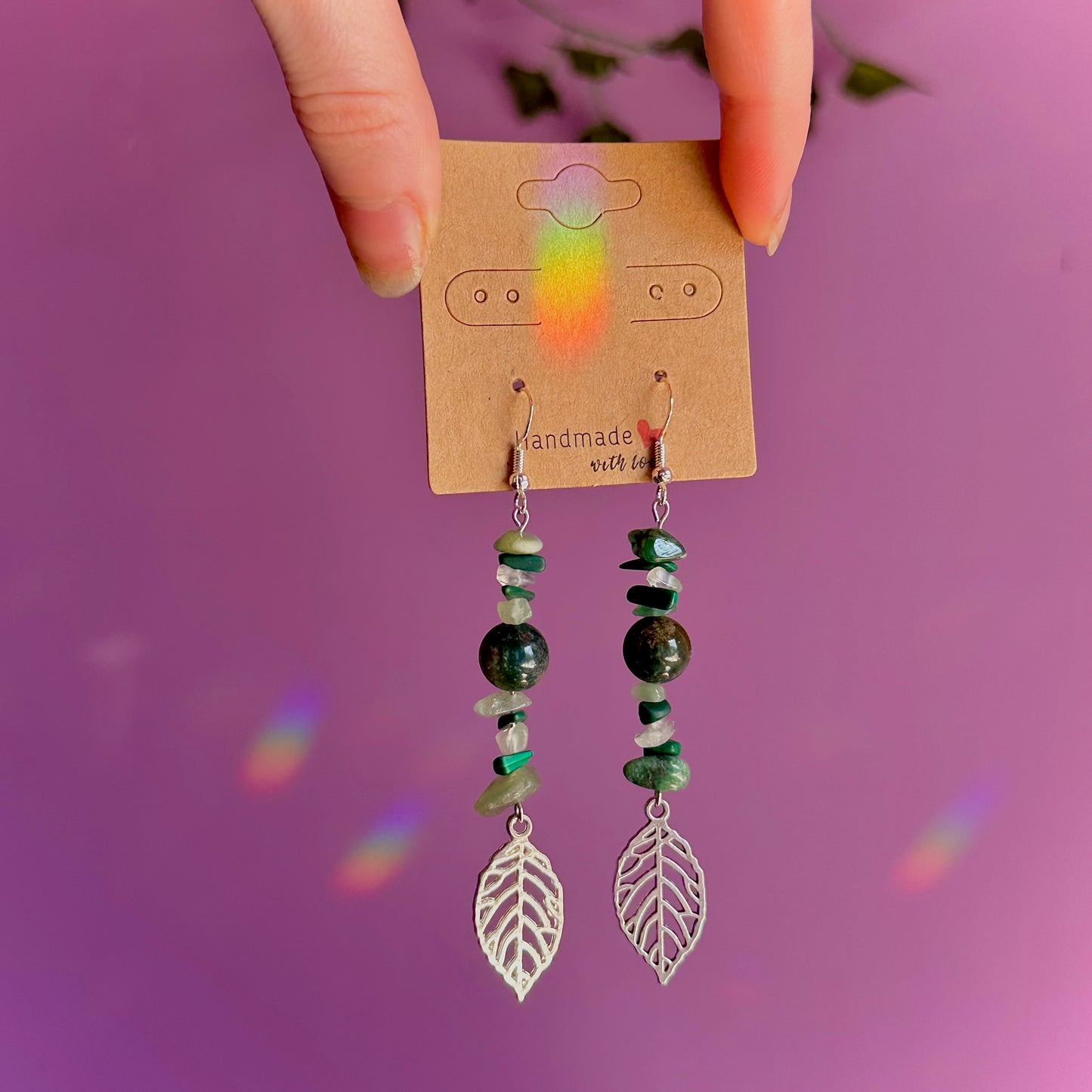 leaf earrings on 925 hooks ~ aventurine, malachite, moss agate, fluorite