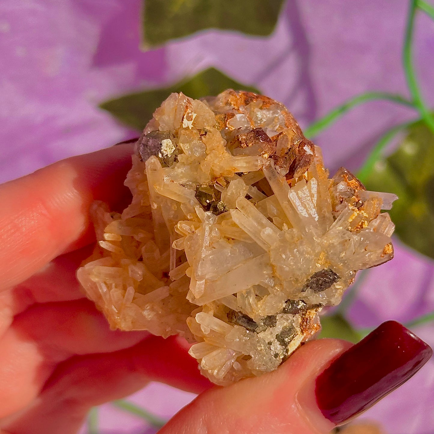 clear quartz with pyrite & golden healer inclusions cluster specimen