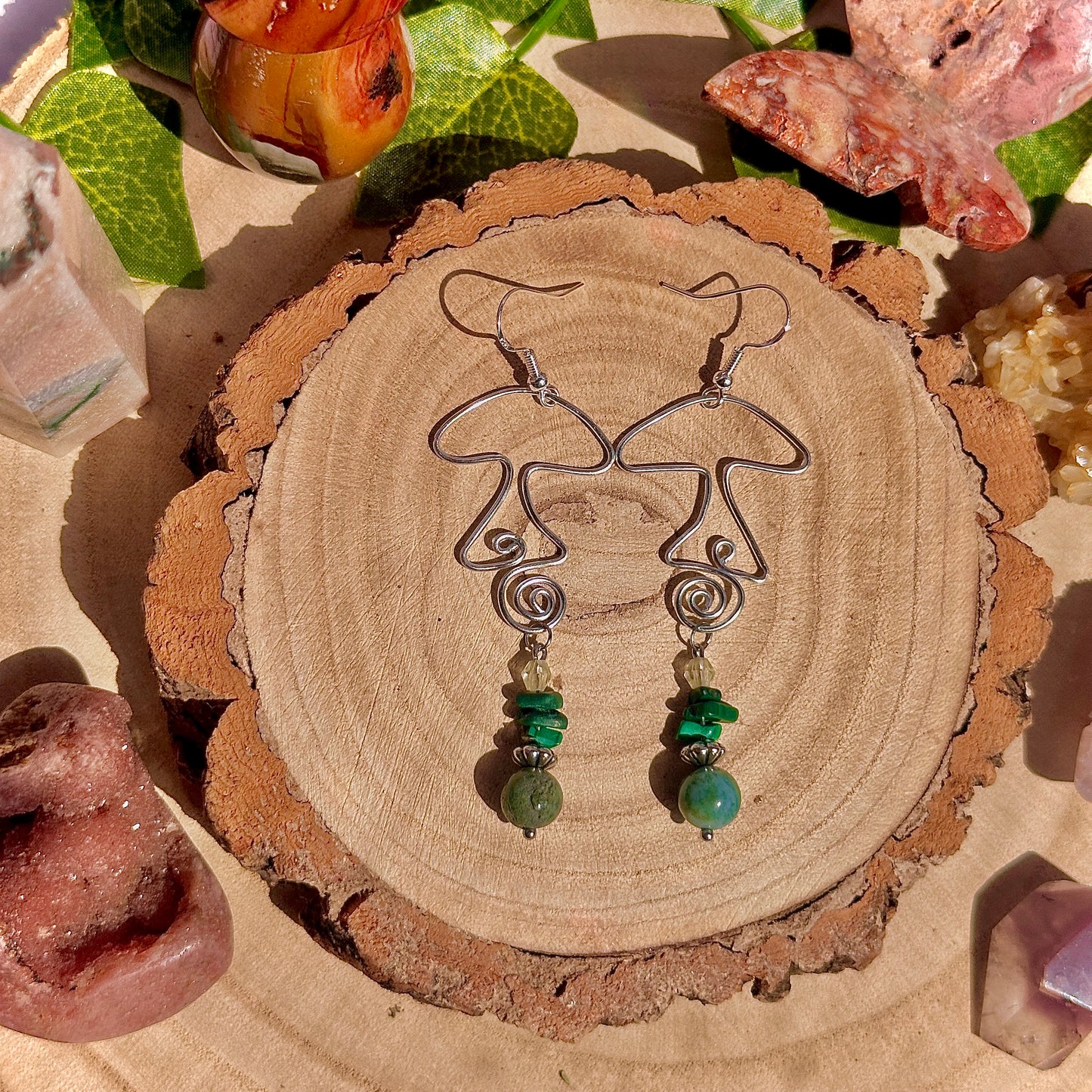 funky fungi earrings ~ moss agate, malachite on 925 hooks