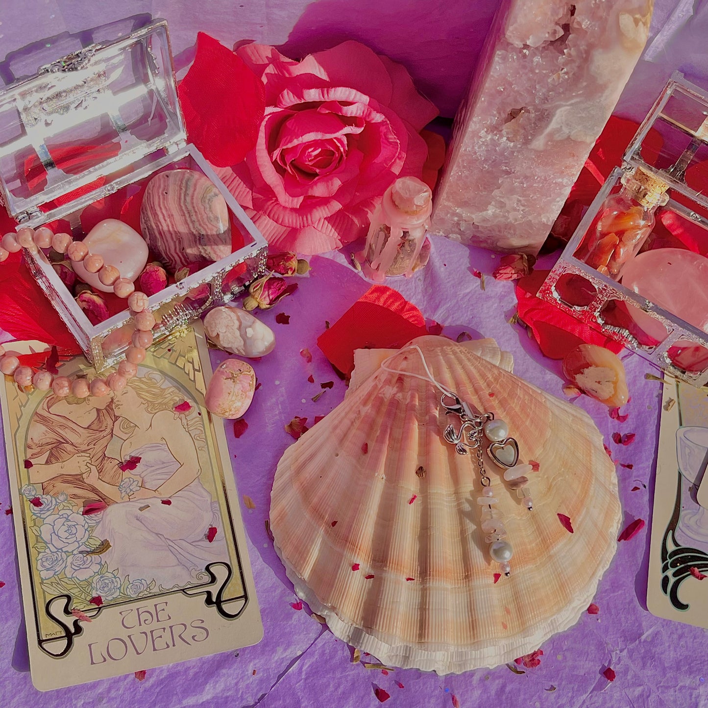 new love phone charm ~ amazonite, moonstone, rhodonite, rose quartz & faux pearls