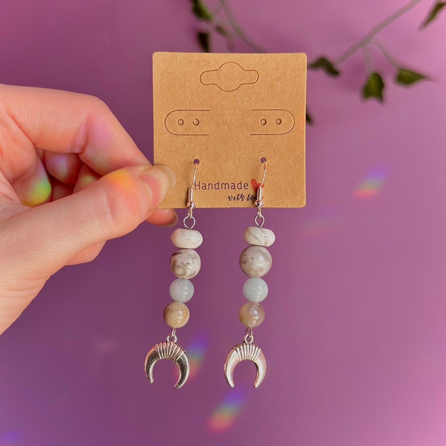 moon earrings on 925 hooks ~ howlite, crazy lace agate, aquamarine, mookaite