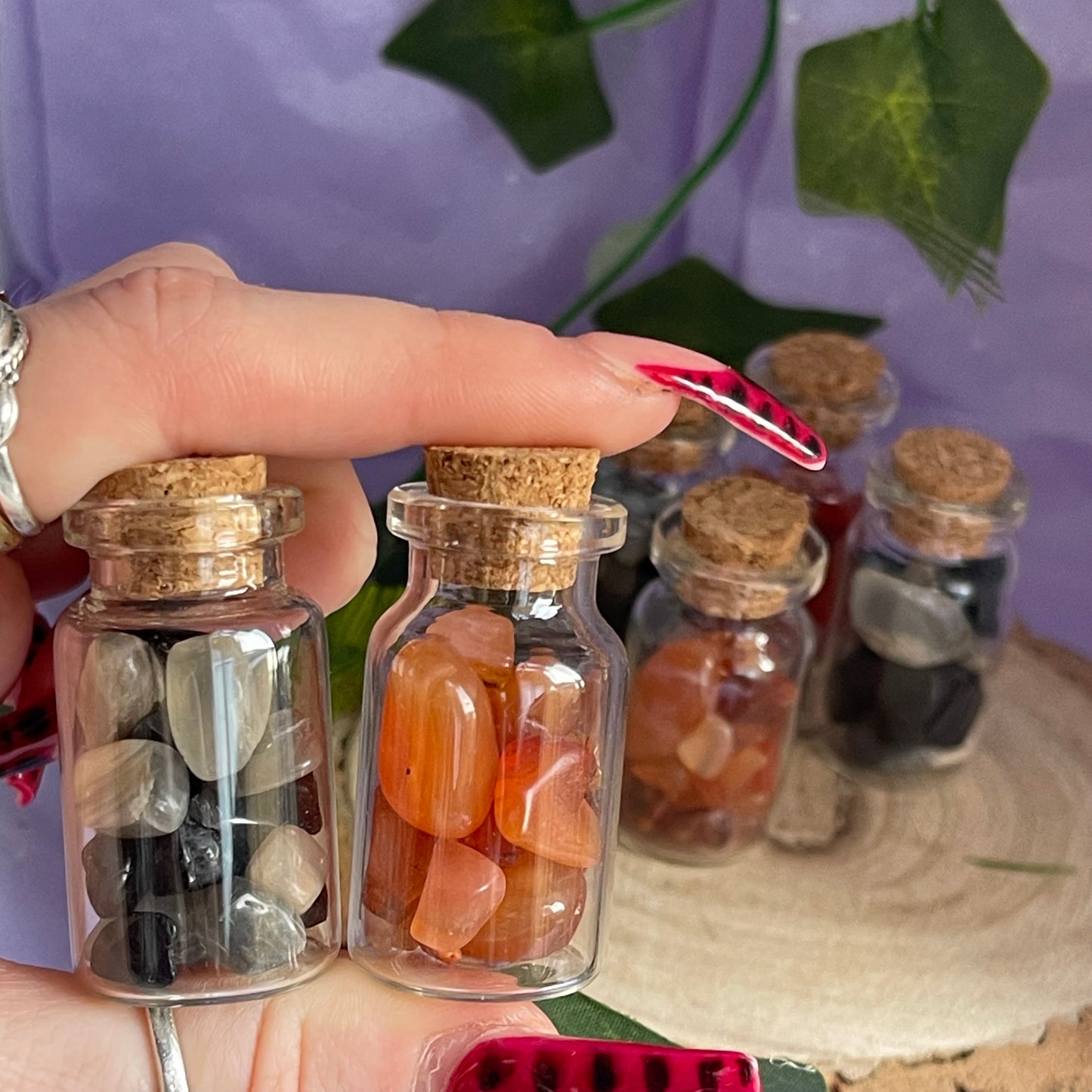 crystal vials - carnelian, black tourmaline & black moonstone
