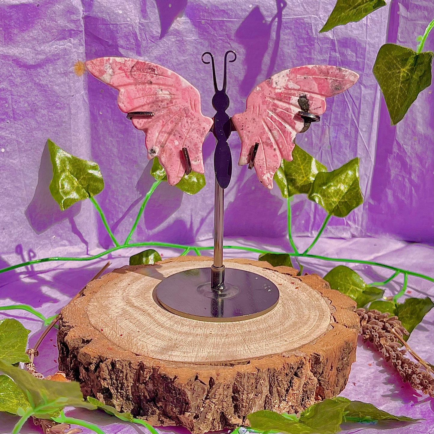rhodonite butterfly wings on stand