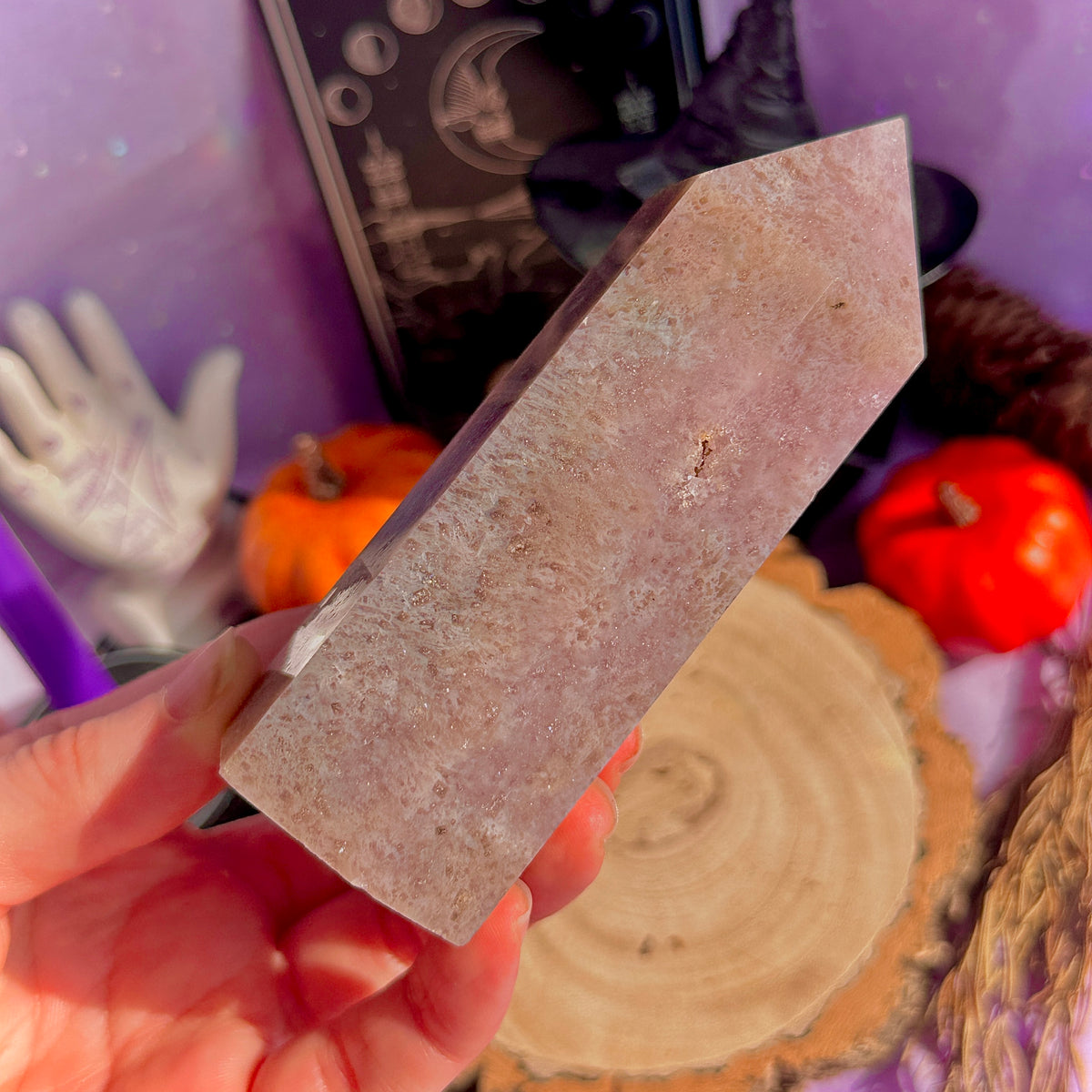 pink amethyst x flower agate chunky tower with dendrites