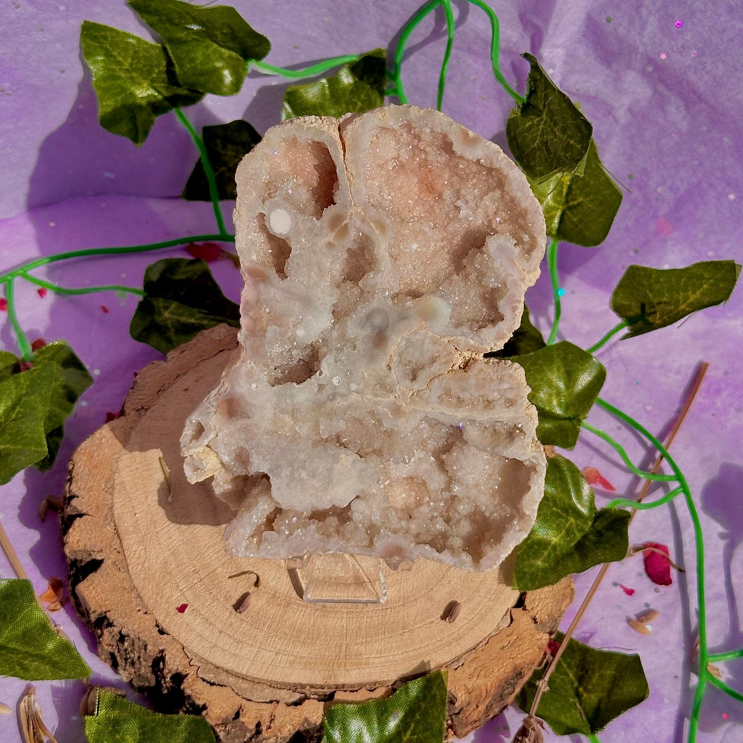 aura druzy quartz geode with stand