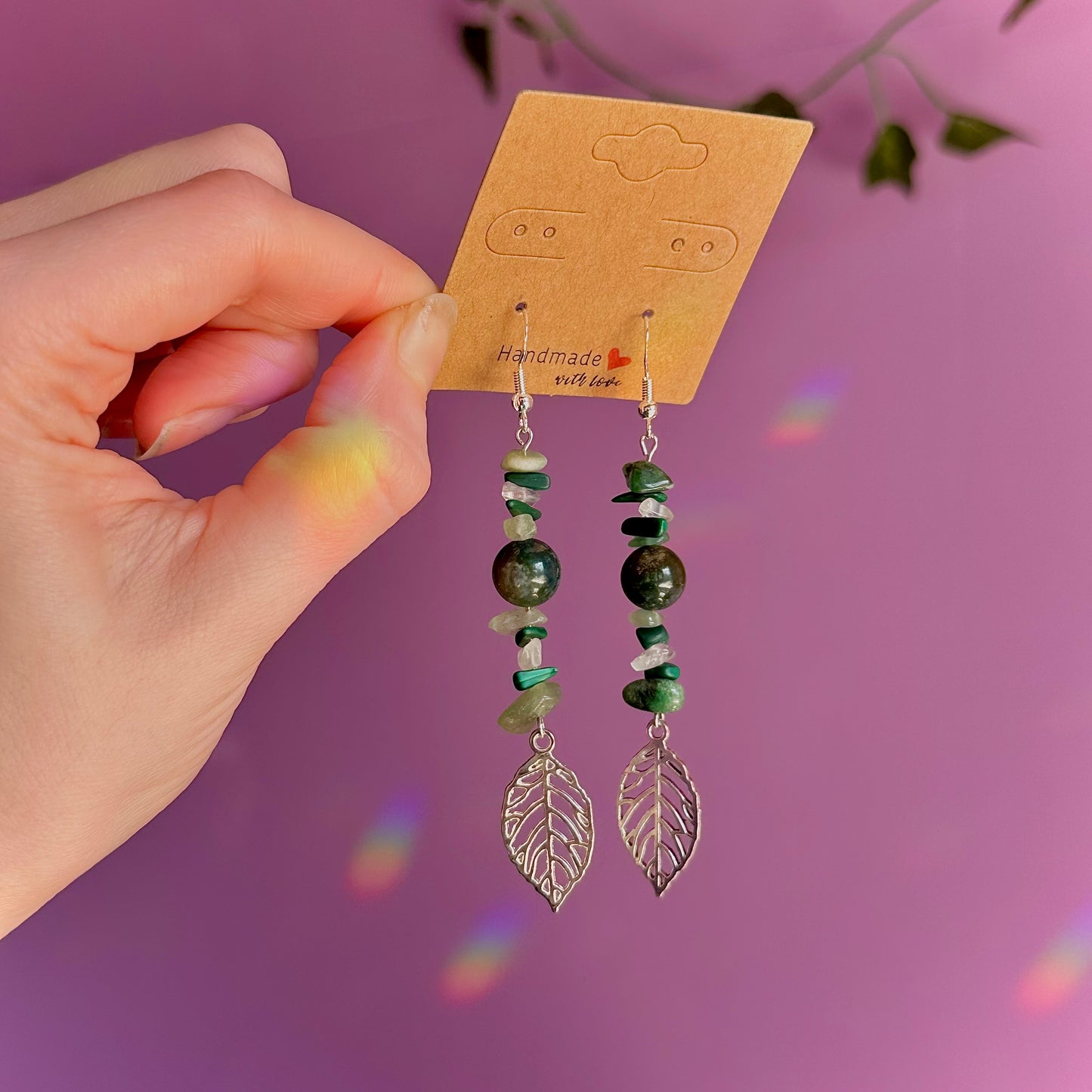 leaf earrings on 925 hooks ~ aventurine, malachite, moss agate, fluorite