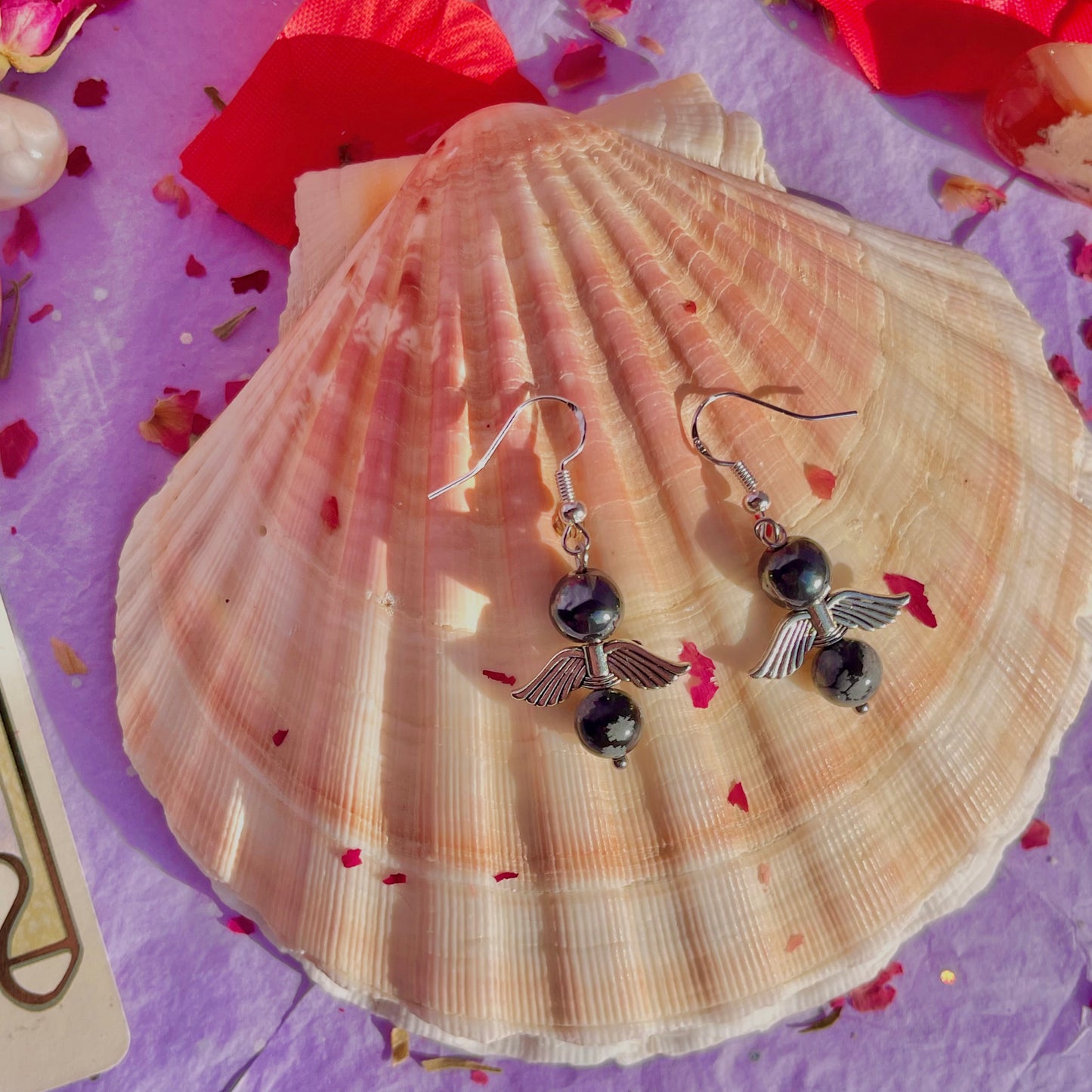anti cherub earrings on 925 sterling silver hooks ~ hematite & snowflake obsidian