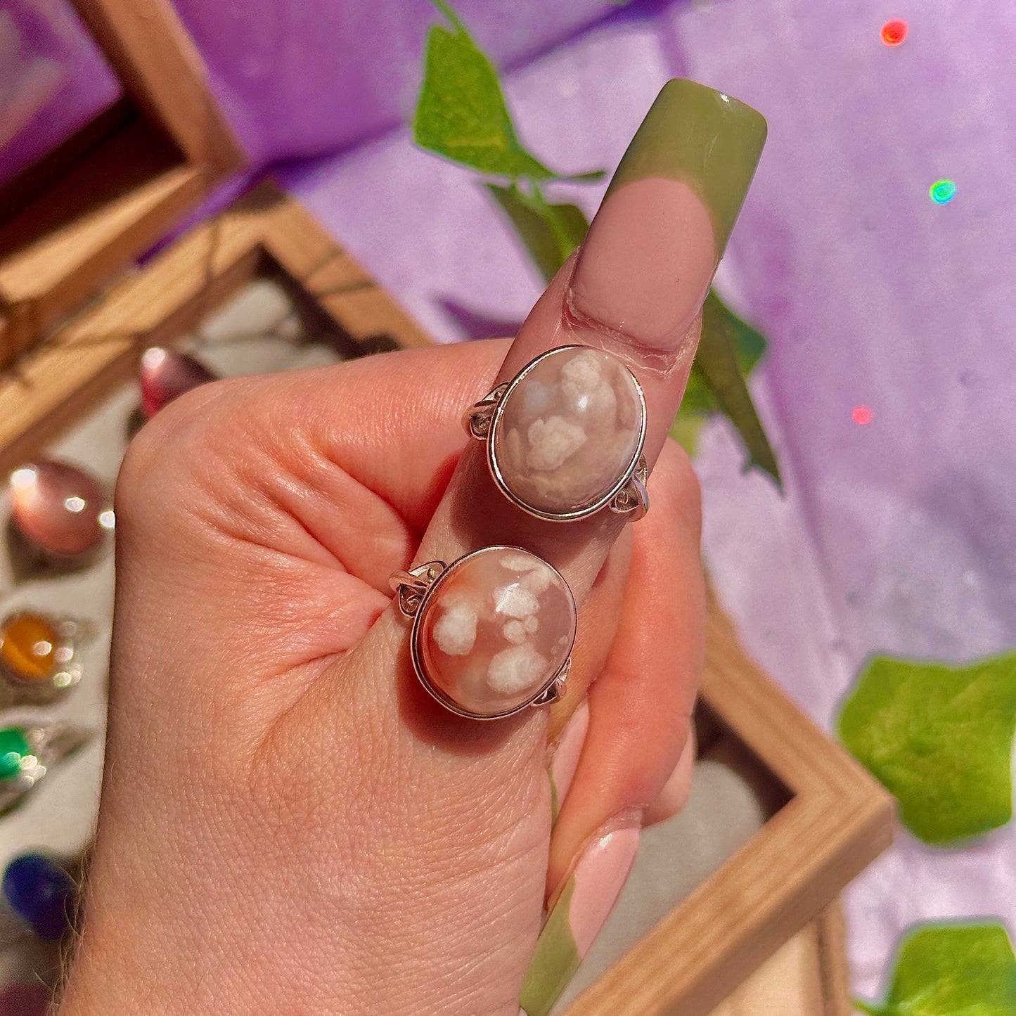 flower agate 925 sterling silver adjustable ring