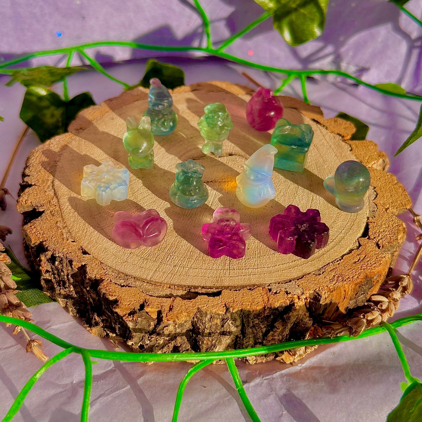 rainbow fluorite & opalite mini mystery christmas carvings ~ intuitively chosen