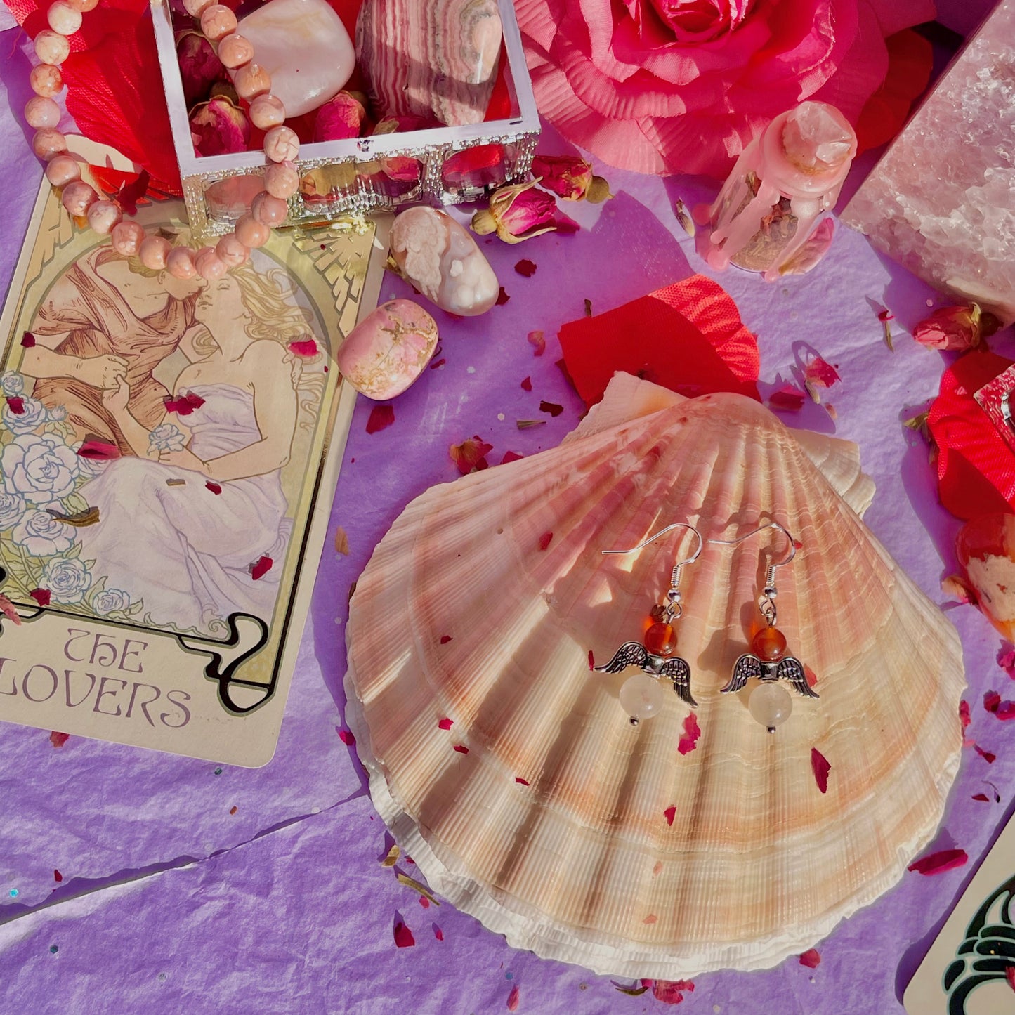 cherub earrings on 925 sterling silver hooks ~ carnelian & rose quartz