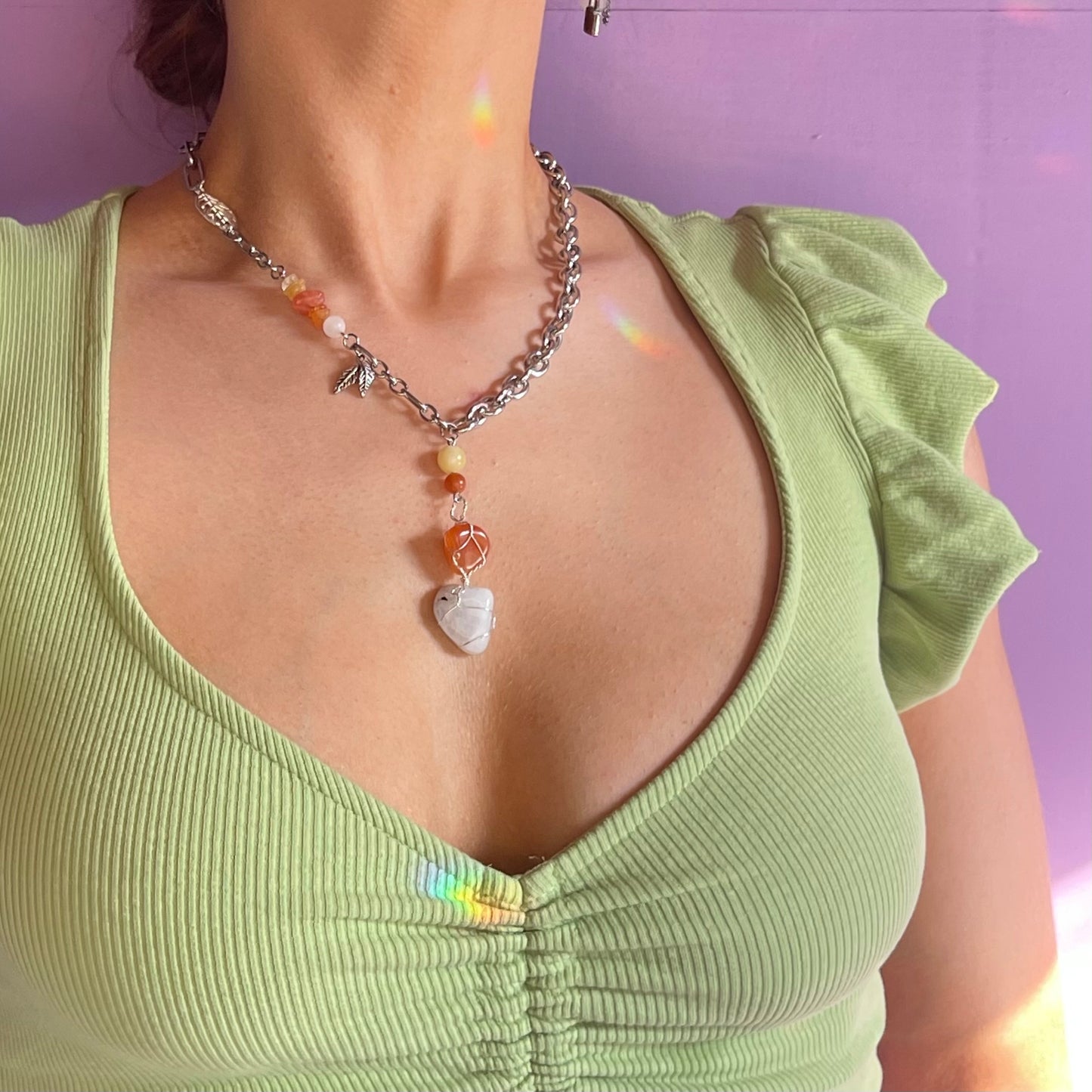 candy corn necklace (rainbow moonstone, carnelian, calcite, orange aventurine, quartz)