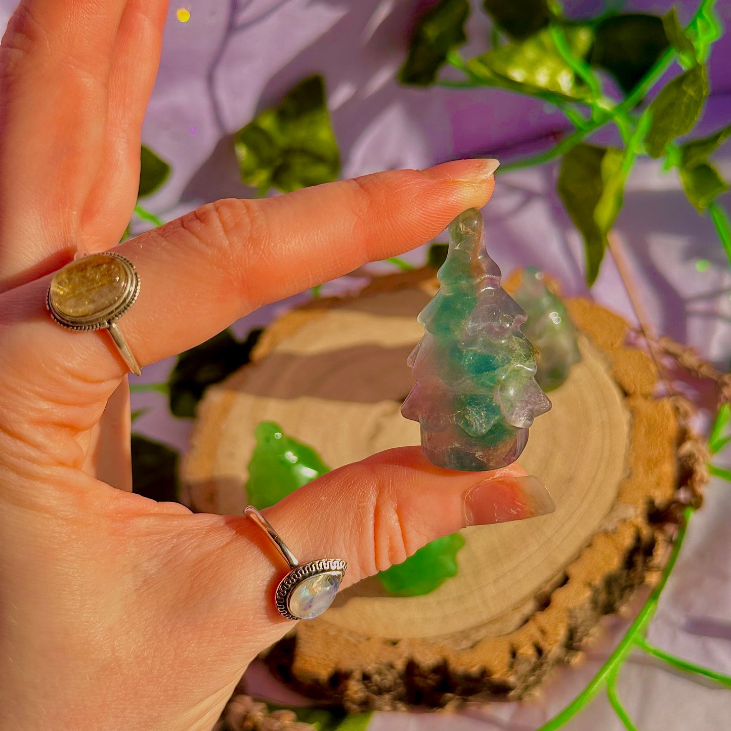 Sculptures de sapins de Noël, aventurine verte et fluorite arc-en-ciel ~ choisissez la vôtre