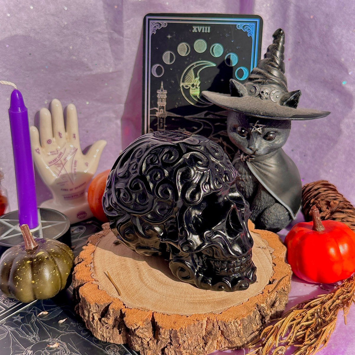 obsidian flower skull carving