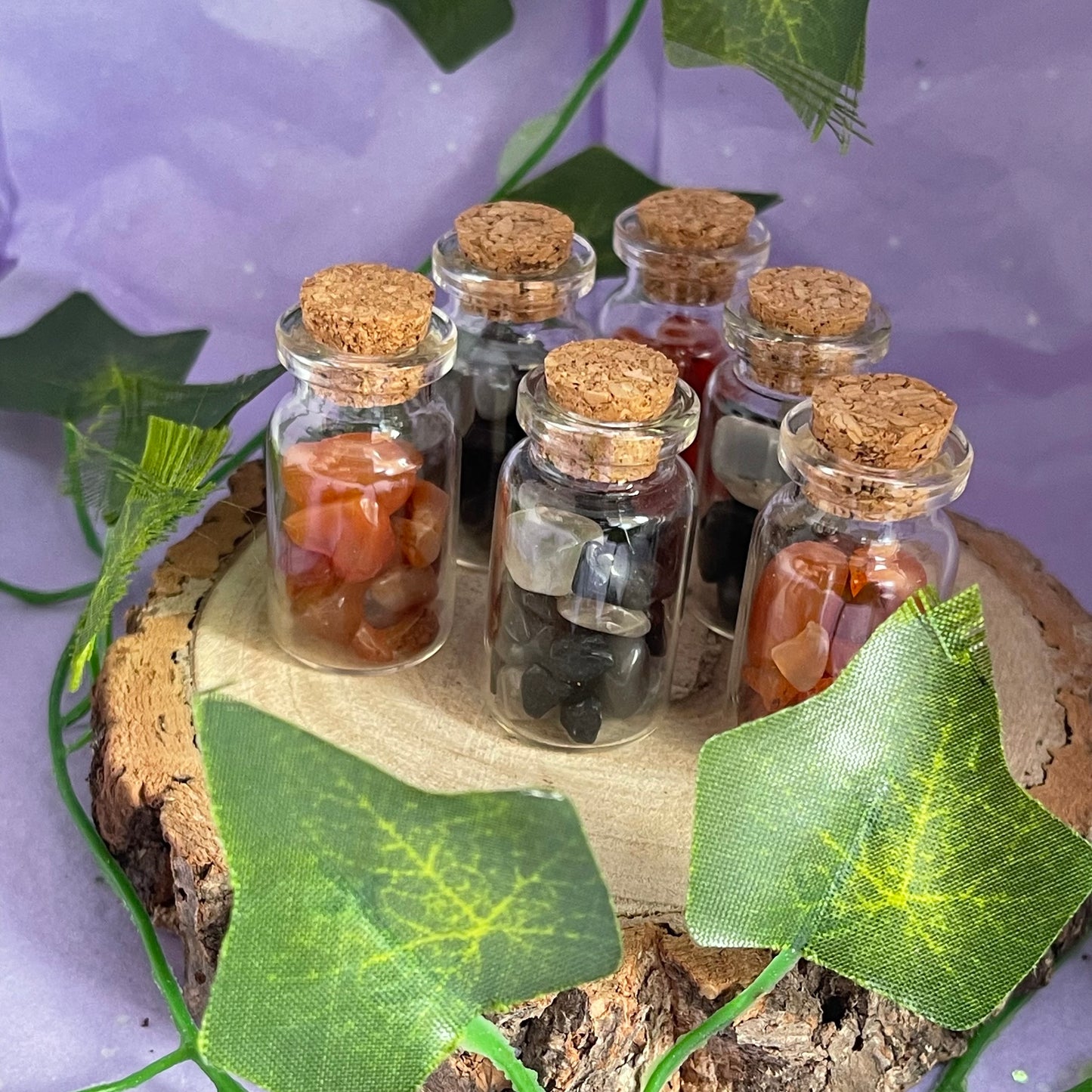 crystal vials - carnelian, black tourmaline & black moonstone
