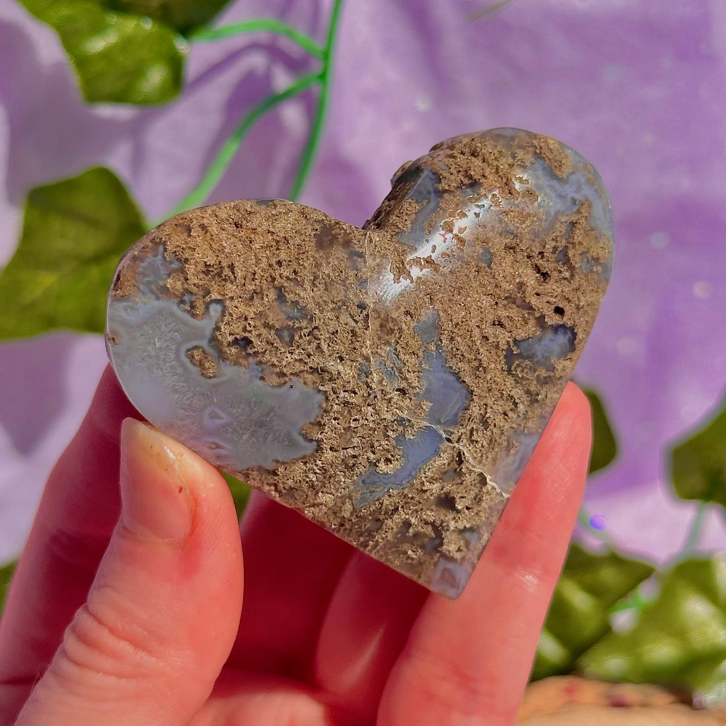 moss agate heart carving with stand