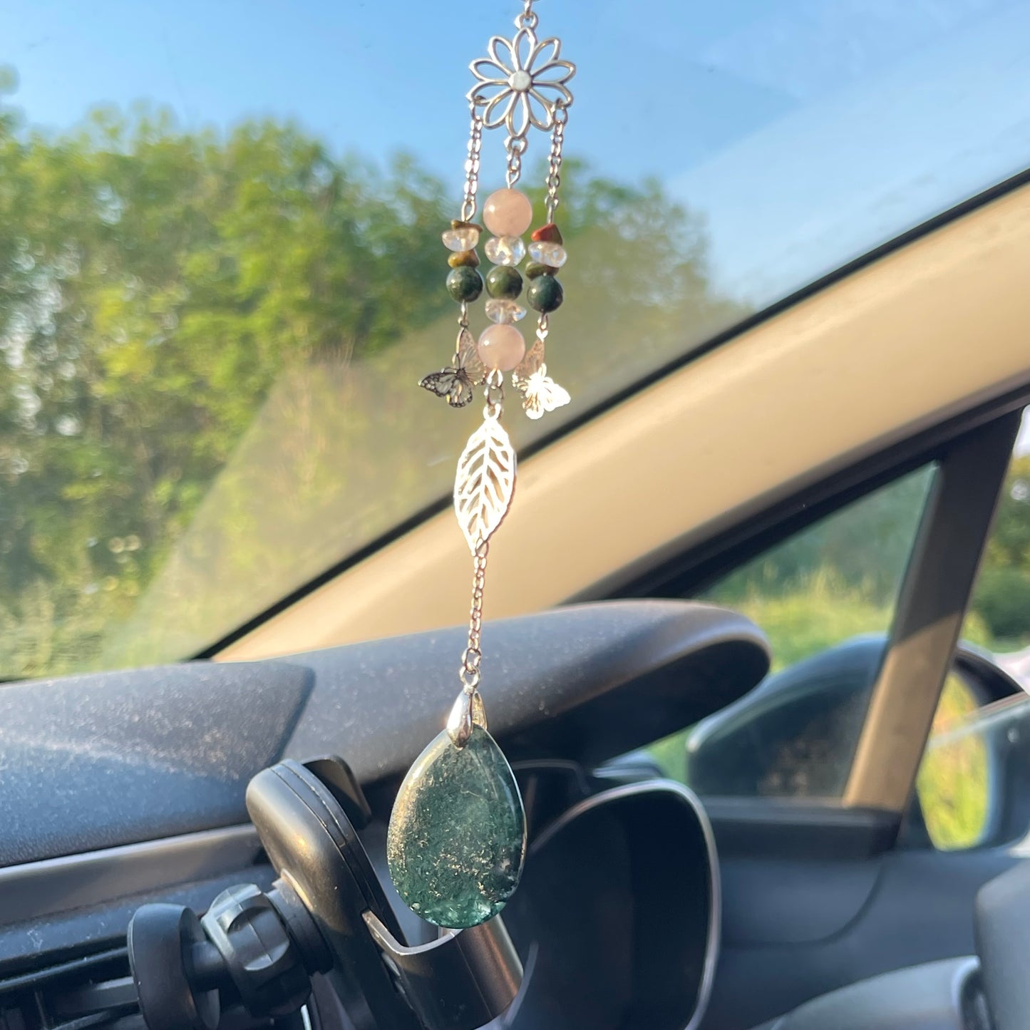 balance car charm - moss agate, unakite, rose quartz & clear quartz