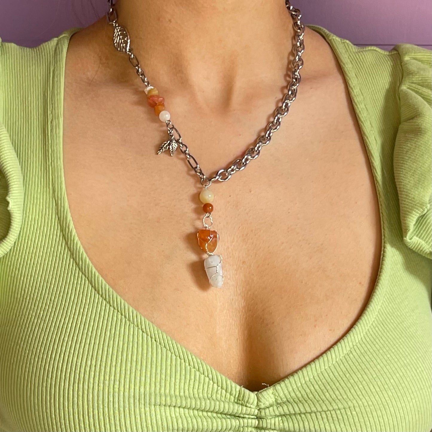 candy corn necklace (rainbow moonstone, carnelian, calcite, orange aventurine, quartz)