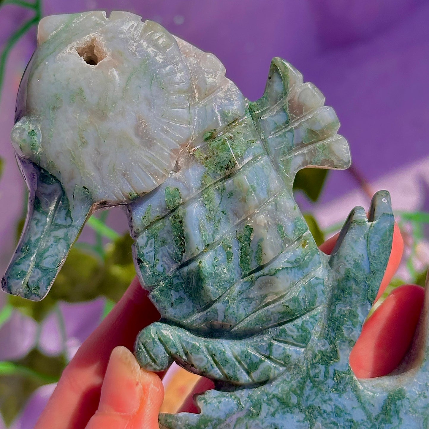 moss agate sea horse carving ~ self standing