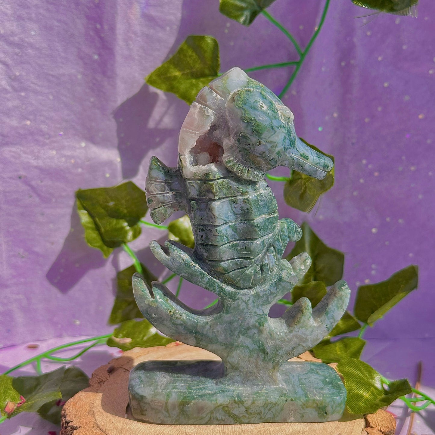 moss agate sea horse carving ~ self standing