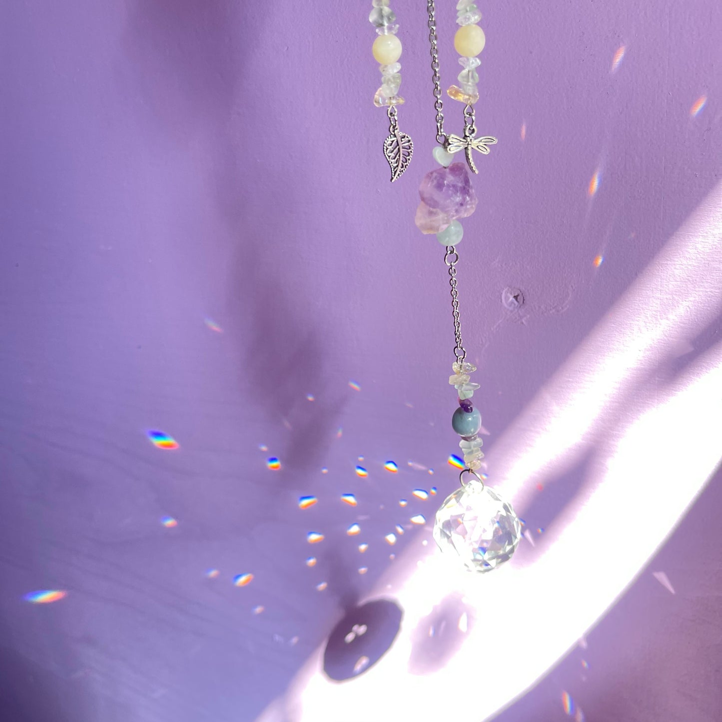 the magick tree sun catcher - amazonite, fluorite, amethyst, calcite, clear quartz, citrine & angelite