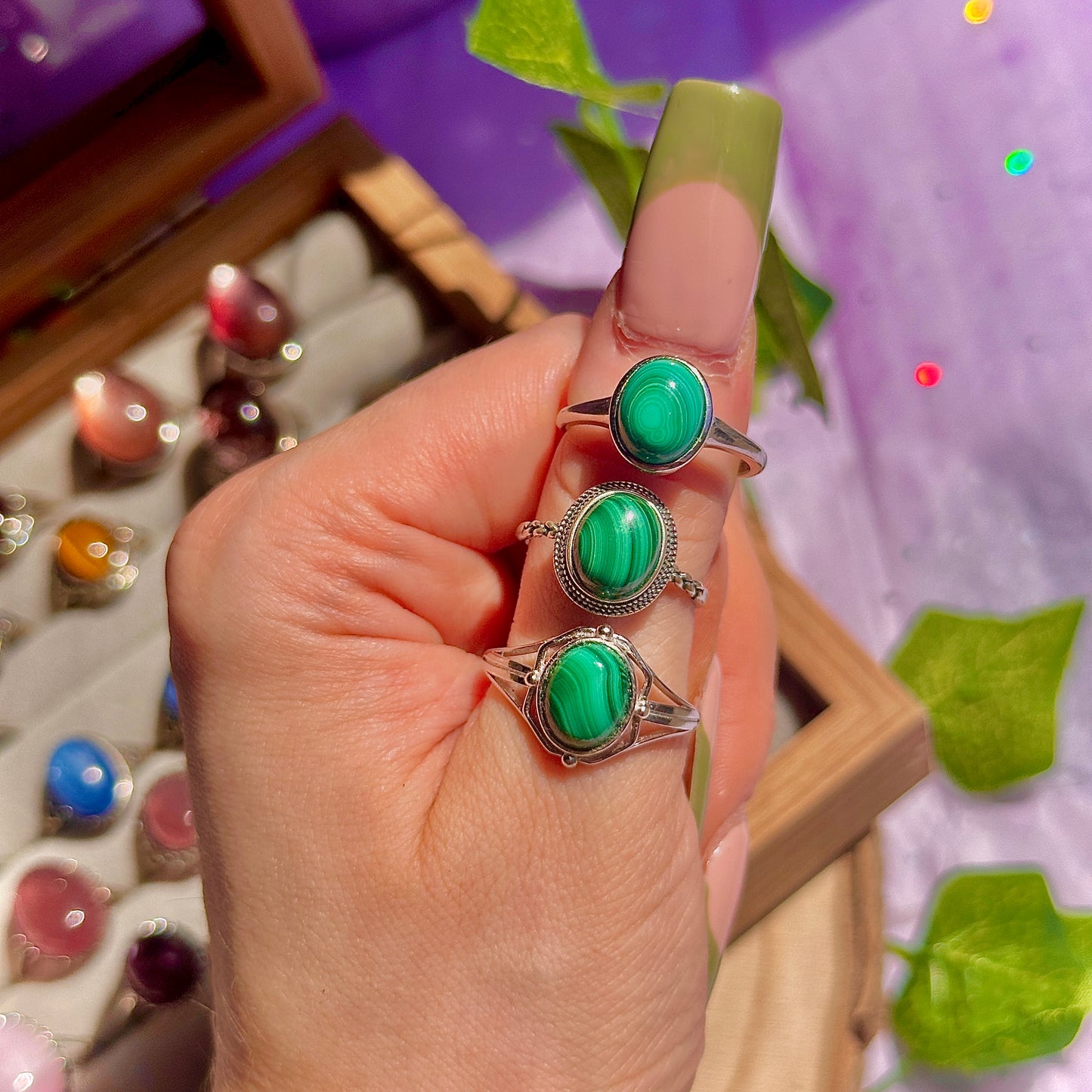 malachite 925 sterling silver adjustable ring
