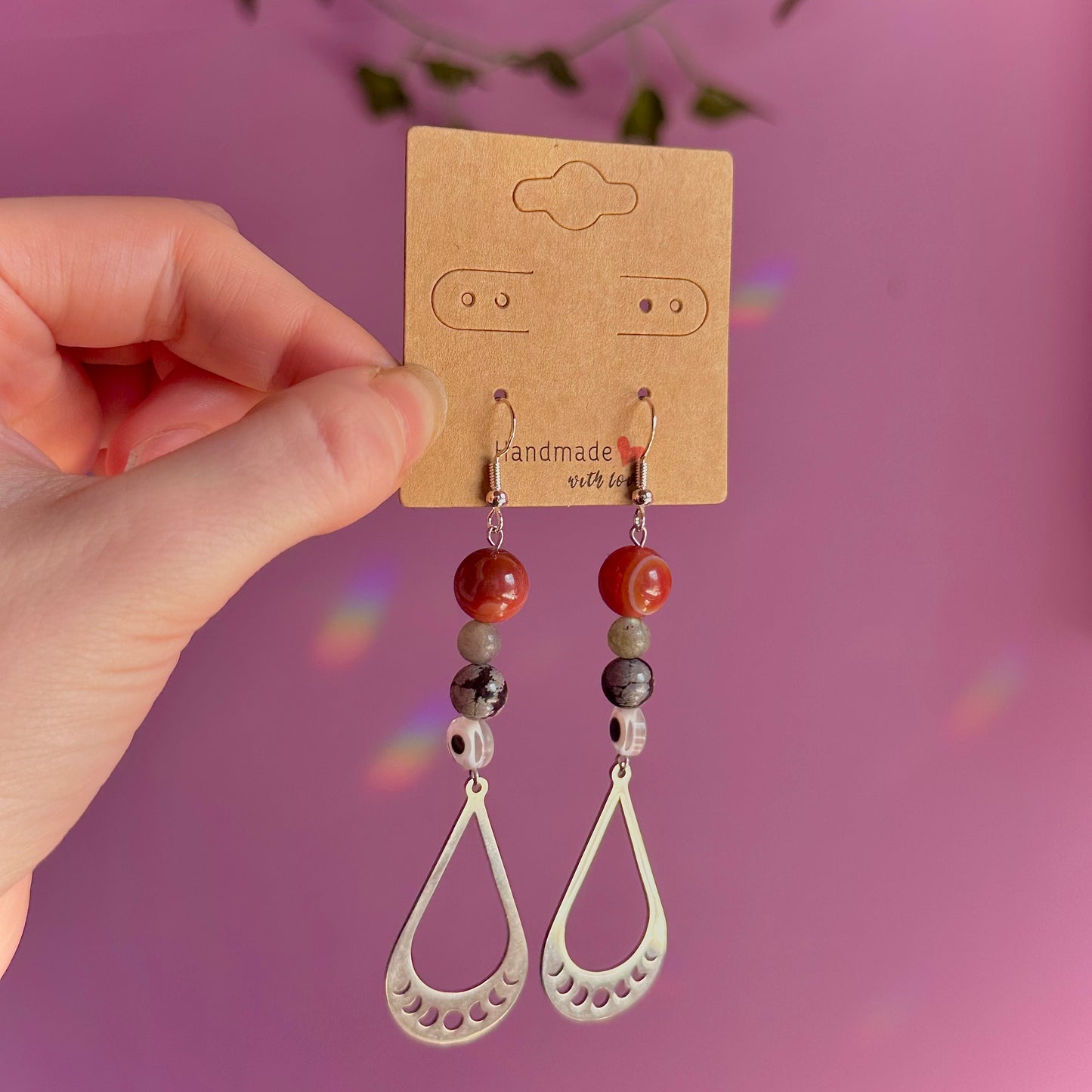 moon phase earrings on 925 hooks ~ carnelian, snowflake obsidian, labradorite