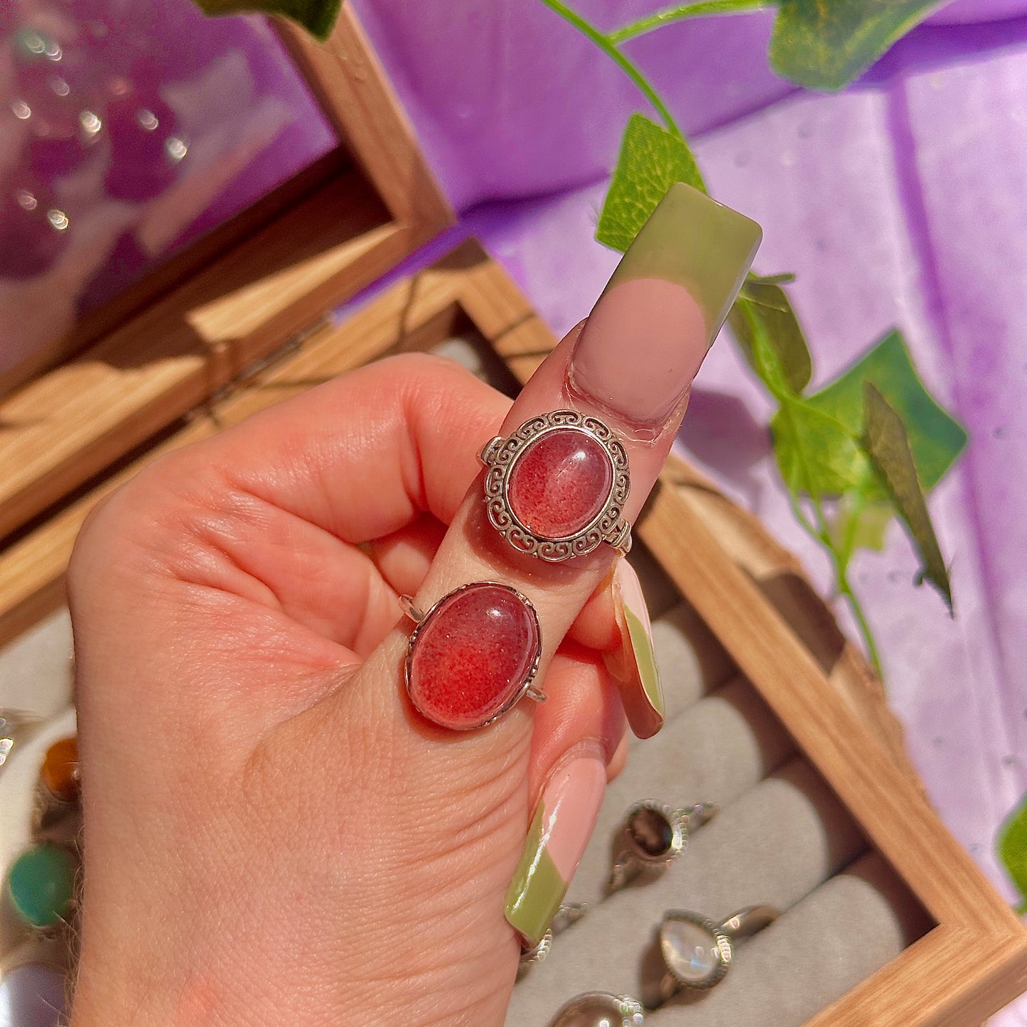 strawberry quartz 925 sterling silver adjustable ring ~ style a