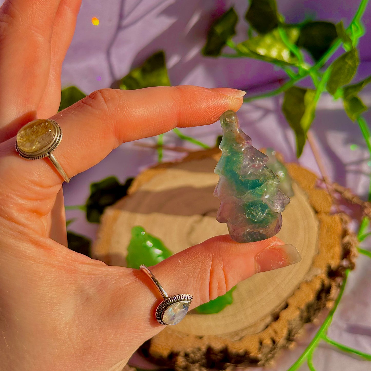 Sculptures de sapins de Noël, aventurine verte et fluorite arc-en-ciel ~ choisissez la vôtre
