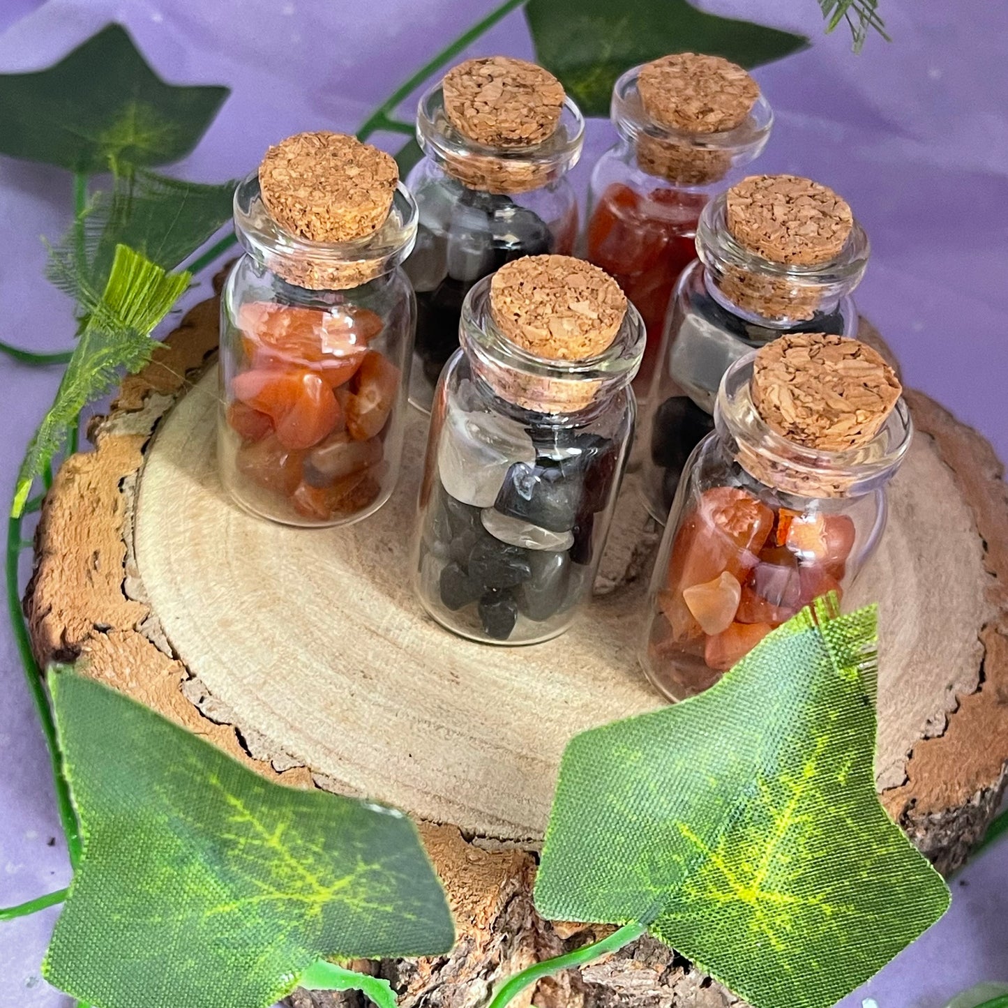 crystal vials - carnelian, black tourmaline & black moonstone