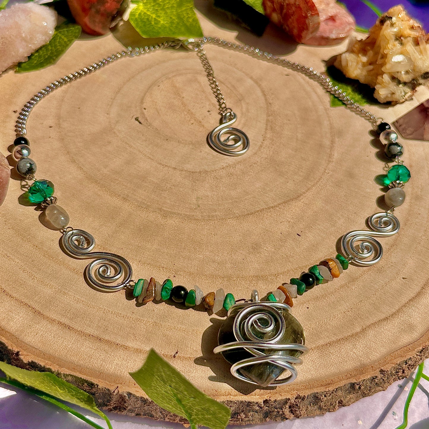 natures transformation necklace ~ labradorite, malachite, obsidian, snowflake obsidian, tigers eye, quartz