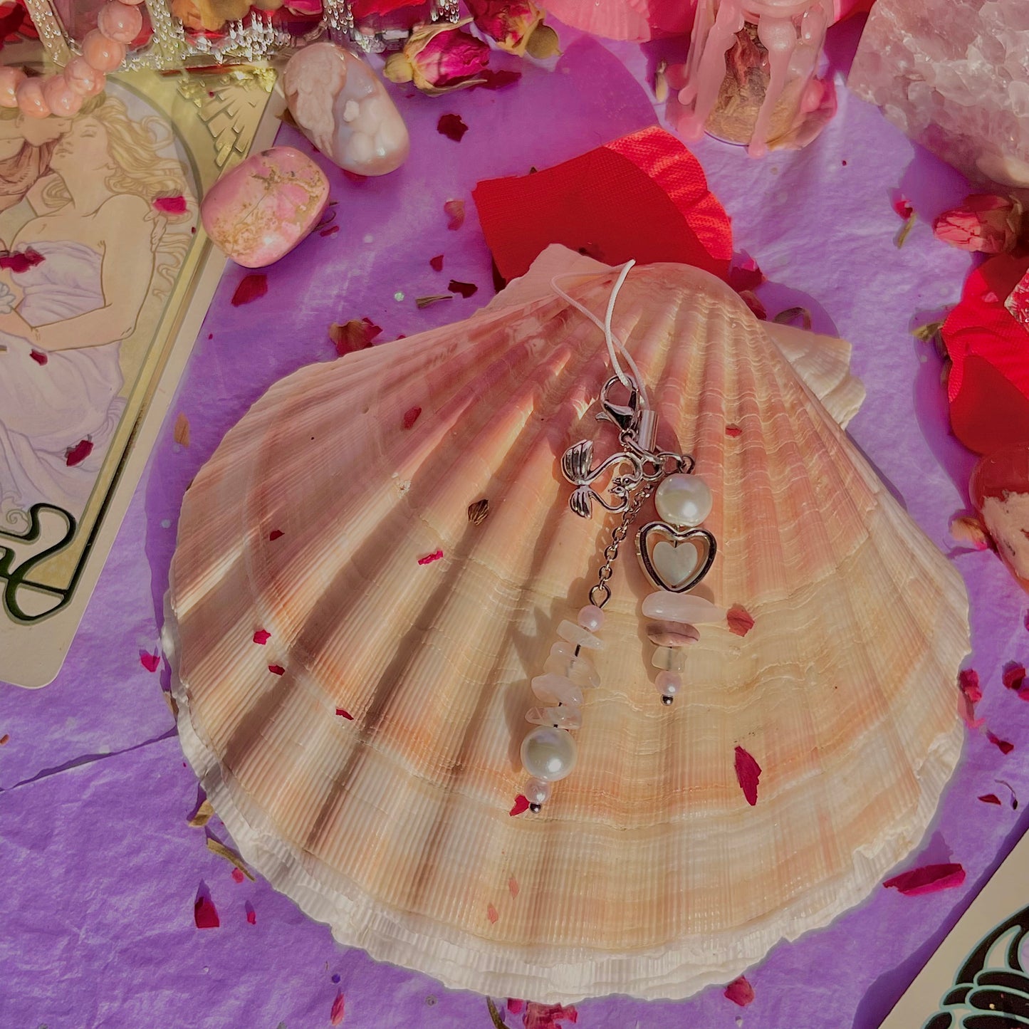 new love phone charm ~ amazonite, moonstone, rhodonite, rose quartz & faux pearls