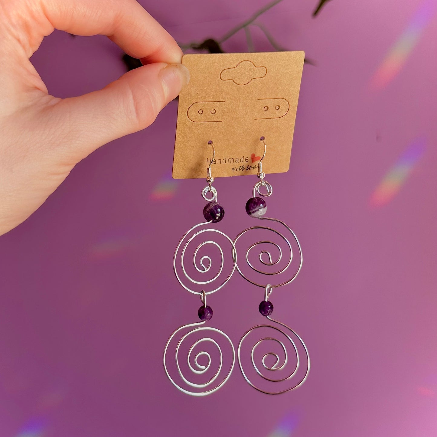 amethyst double spiral earrings on 925 hooks