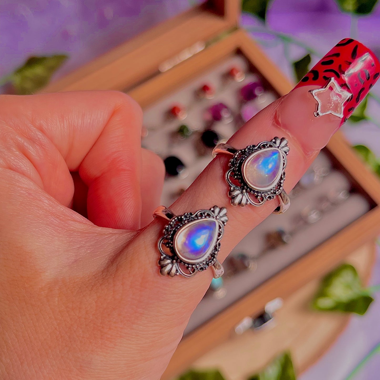 rainbow moonstone style D ~ 925 sterling silver adjustable rings / intuitively chosen