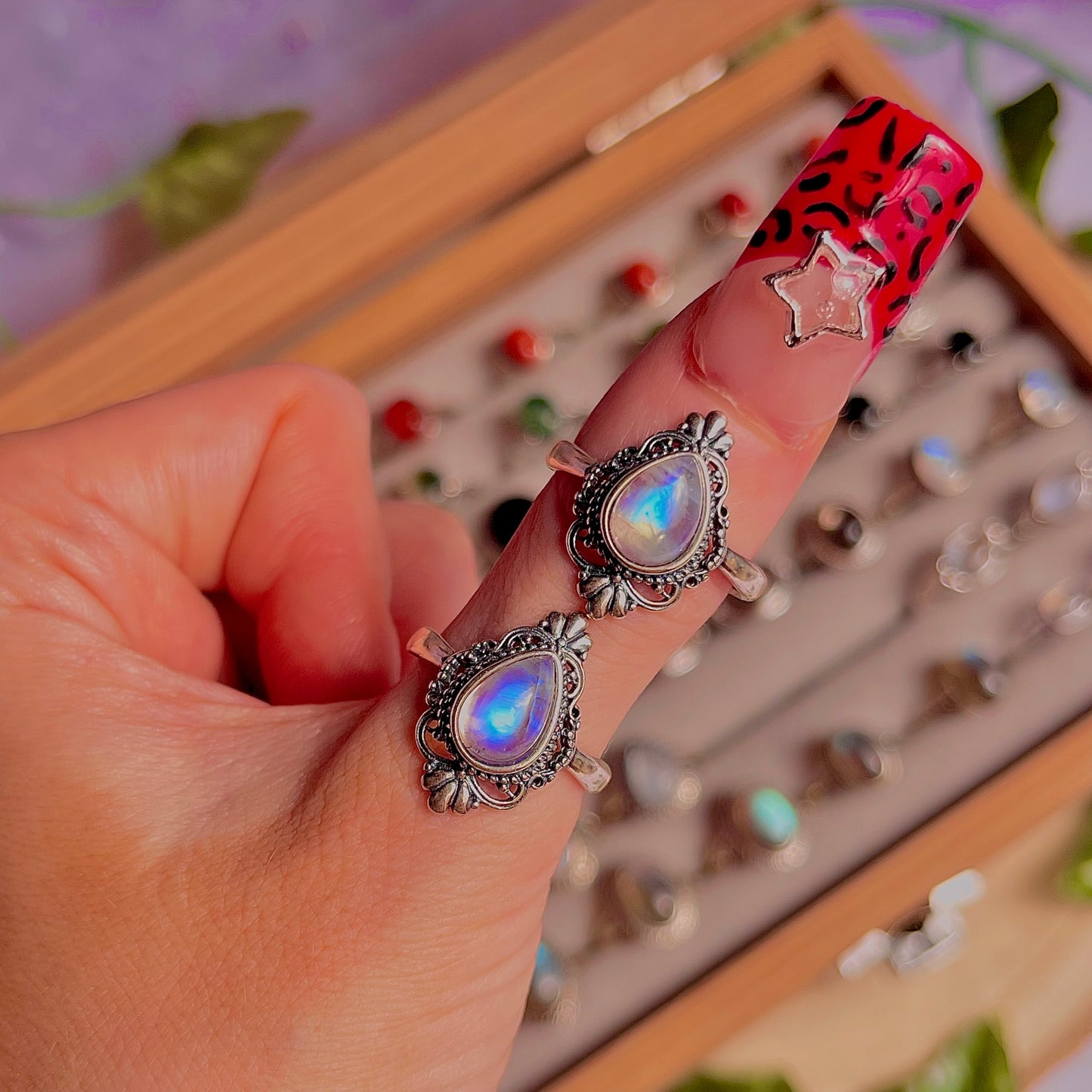 rainbow moonstone style D ~ 925 sterling silver adjustable rings / intuitively chosen