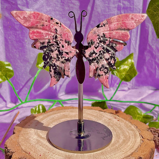 rhodonite butterfly wings on stand