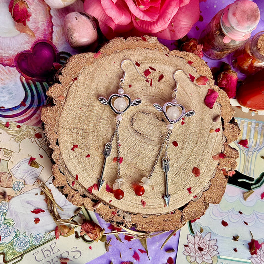 rose quartz, moonstone & carnelian angels arrow earrings ~ sterling silver on 925 hooks