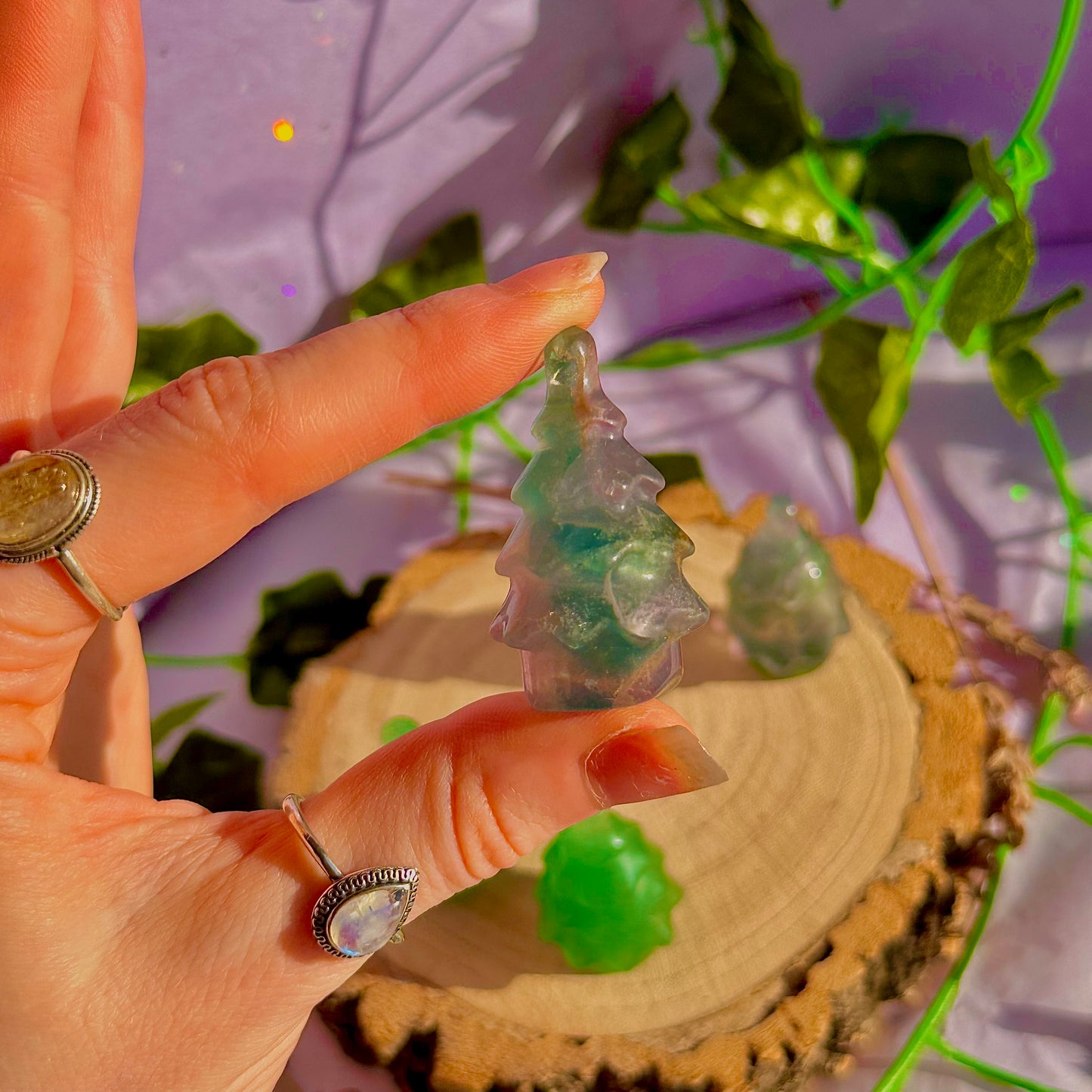 Sculptures de sapins de Noël, aventurine verte et fluorite arc-en-ciel ~ choisissez la vôtre