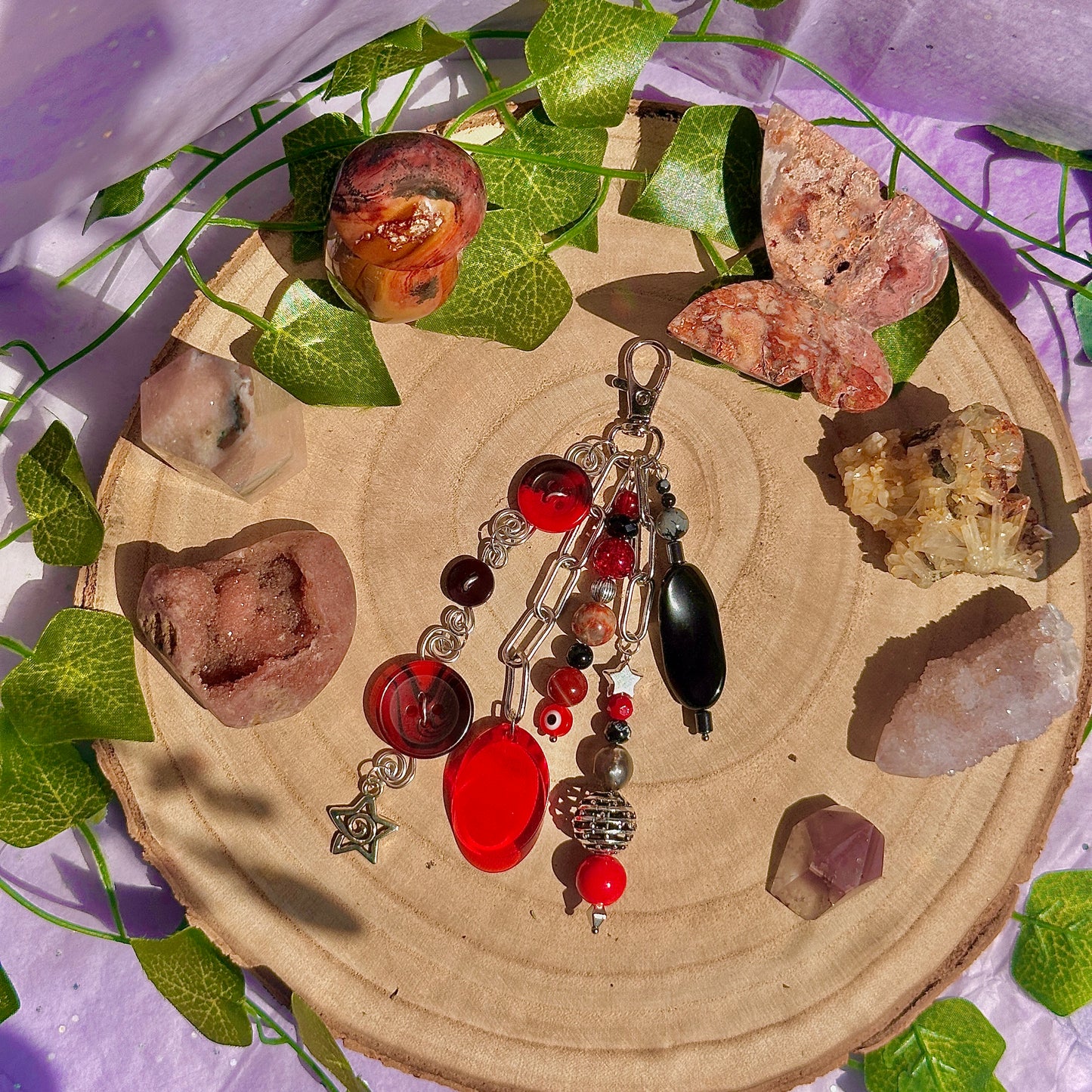 push the button bag charm ~ carnelian, obsidian, crazy lace agate, hematite, snowflake obsidian