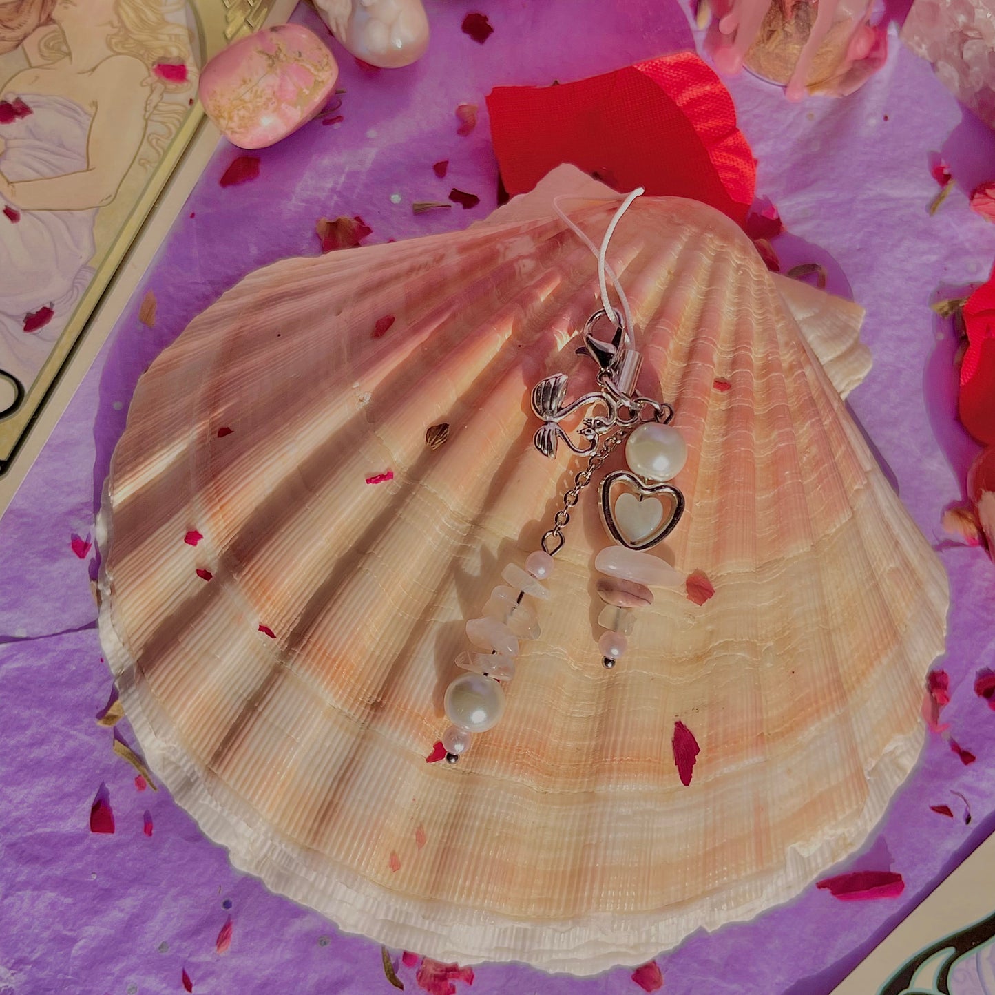 new love phone charm ~ amazonite, moonstone, rhodonite, rose quartz & faux pearls